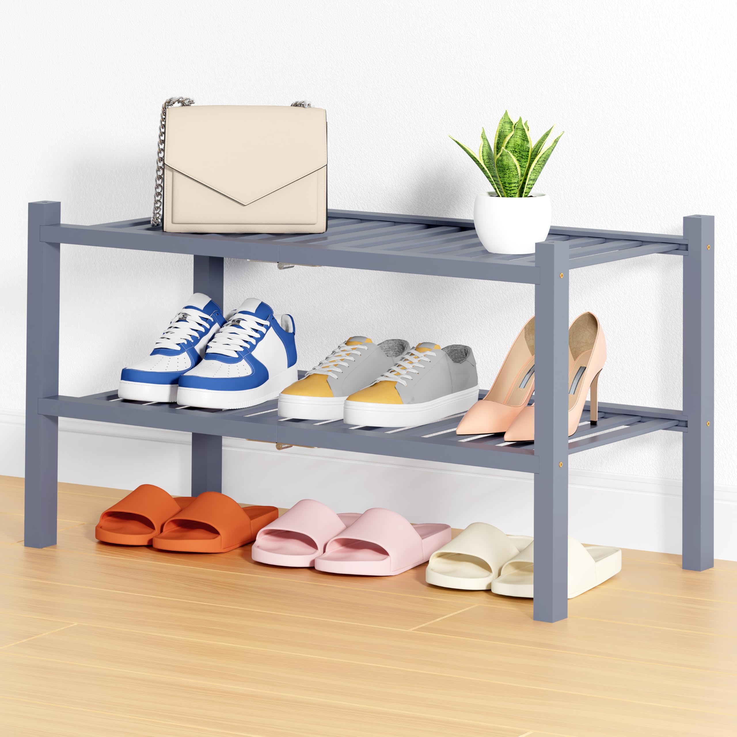 smiry Shoe Rack, 2 Tier Bamboo Shoe Organizer, Stackable Free Standing Wooden Shoe Storage Shelf for Entryway, Front Door Entrance, Gray