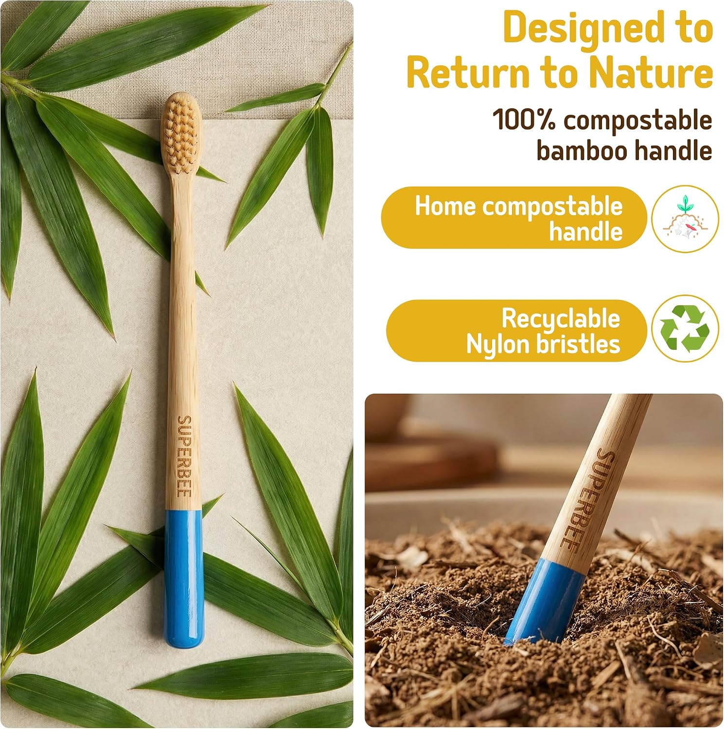 SuperBee Dentos Bamboo Toothbrushes 5 Pack Soft Bristle Adults & Kids image 5