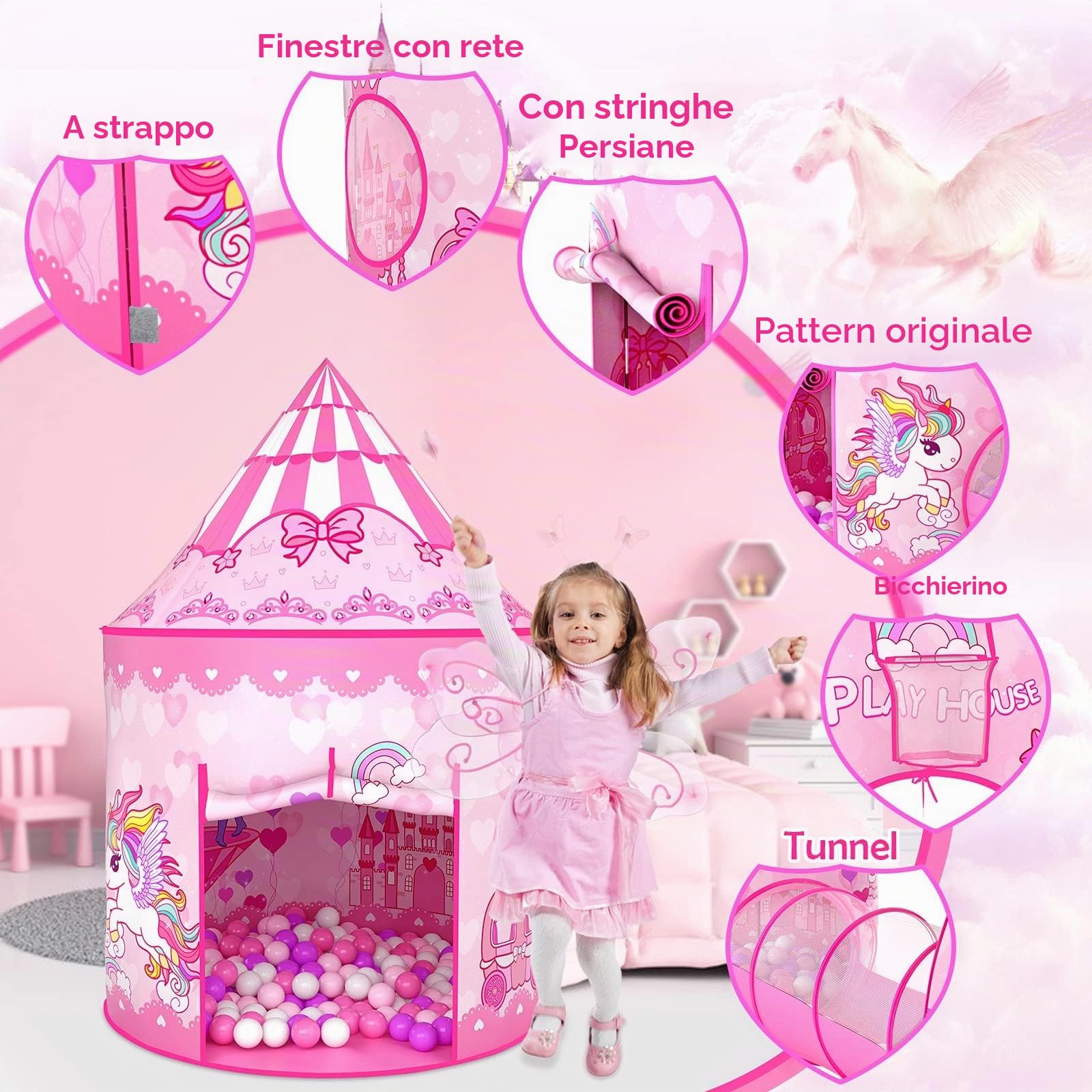 Wilwolfer Tenda Gioco Pop-up + Tunnel Gioco + Piscina di Palline per Bambini - 3-in-1 Casetta per Neonati Bambine Bambini - Grande Casetta Giardino Interni ed Esterni (Tenda Principessa)