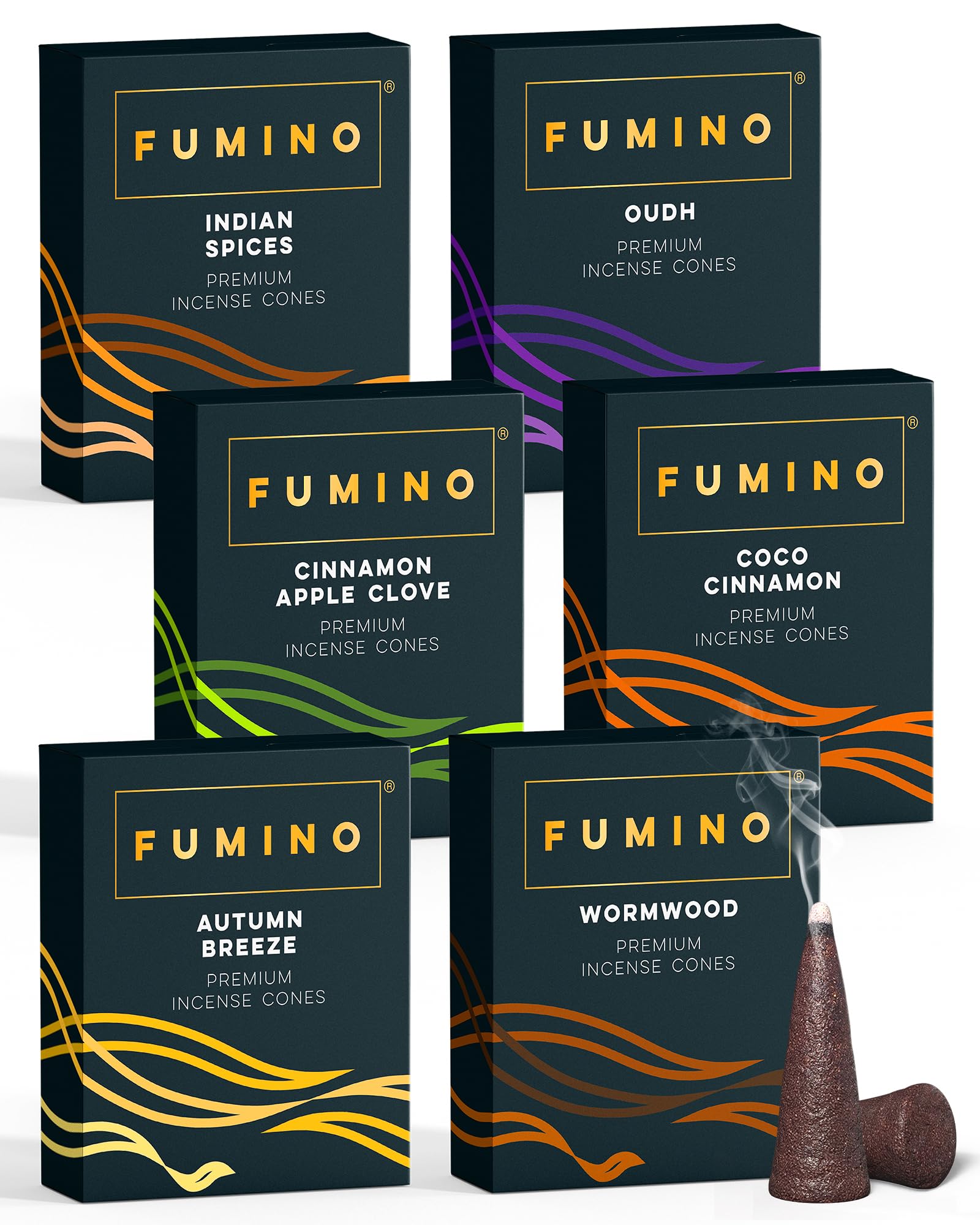 Incense Cones Fumino Fresh Multipack Fireside & Frost Bundle 6 Boxes 90 Pieces Masala Agarbatti Joss Fragrance for Relaxation and Meditation, Home and House Decor Scent