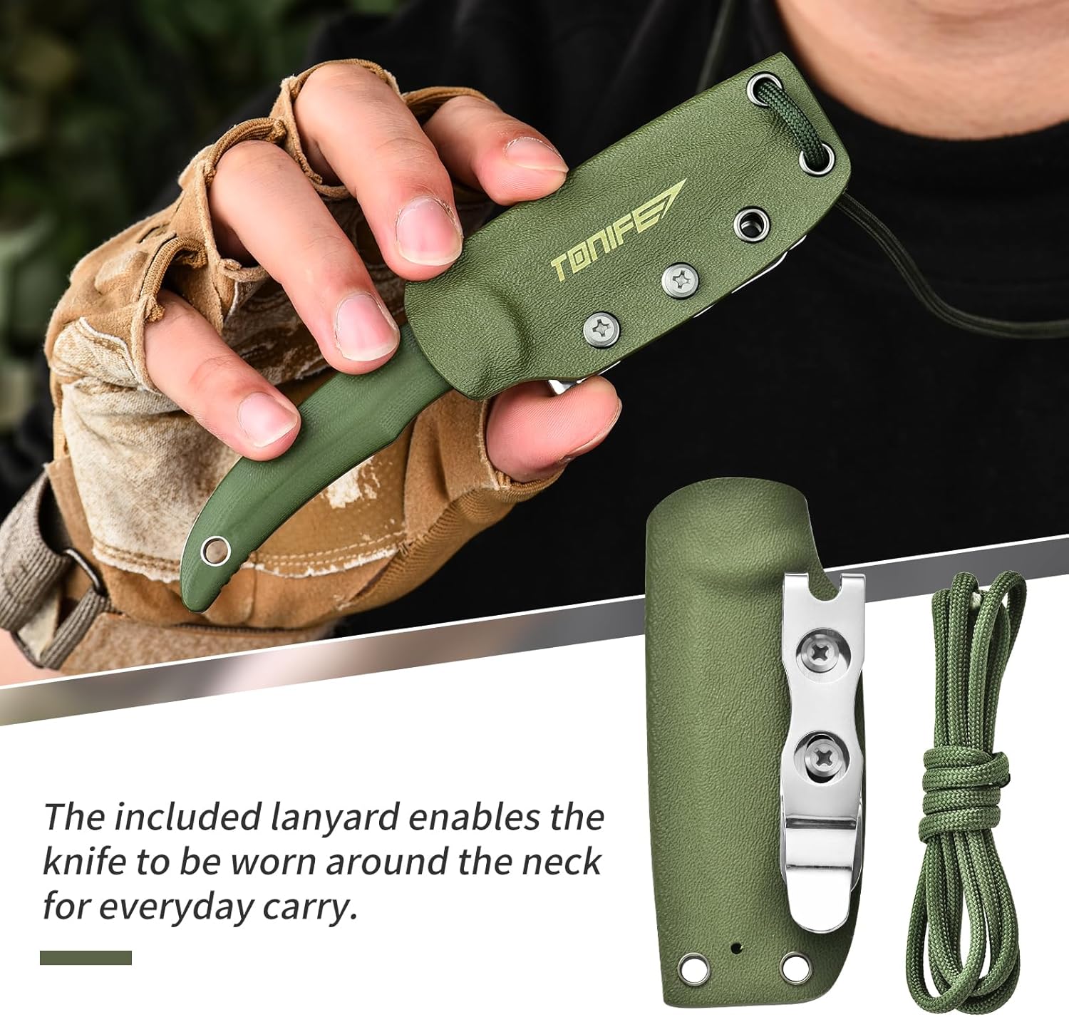 TONIFE Nova 2.68'' Blade Mini Neck Knife Full Tang Fixed Blade Knife with Kydex Sheath and Adjustable Paracord Lanyard for Camping Outdoor Survival Tool (Green+Black Titanium)