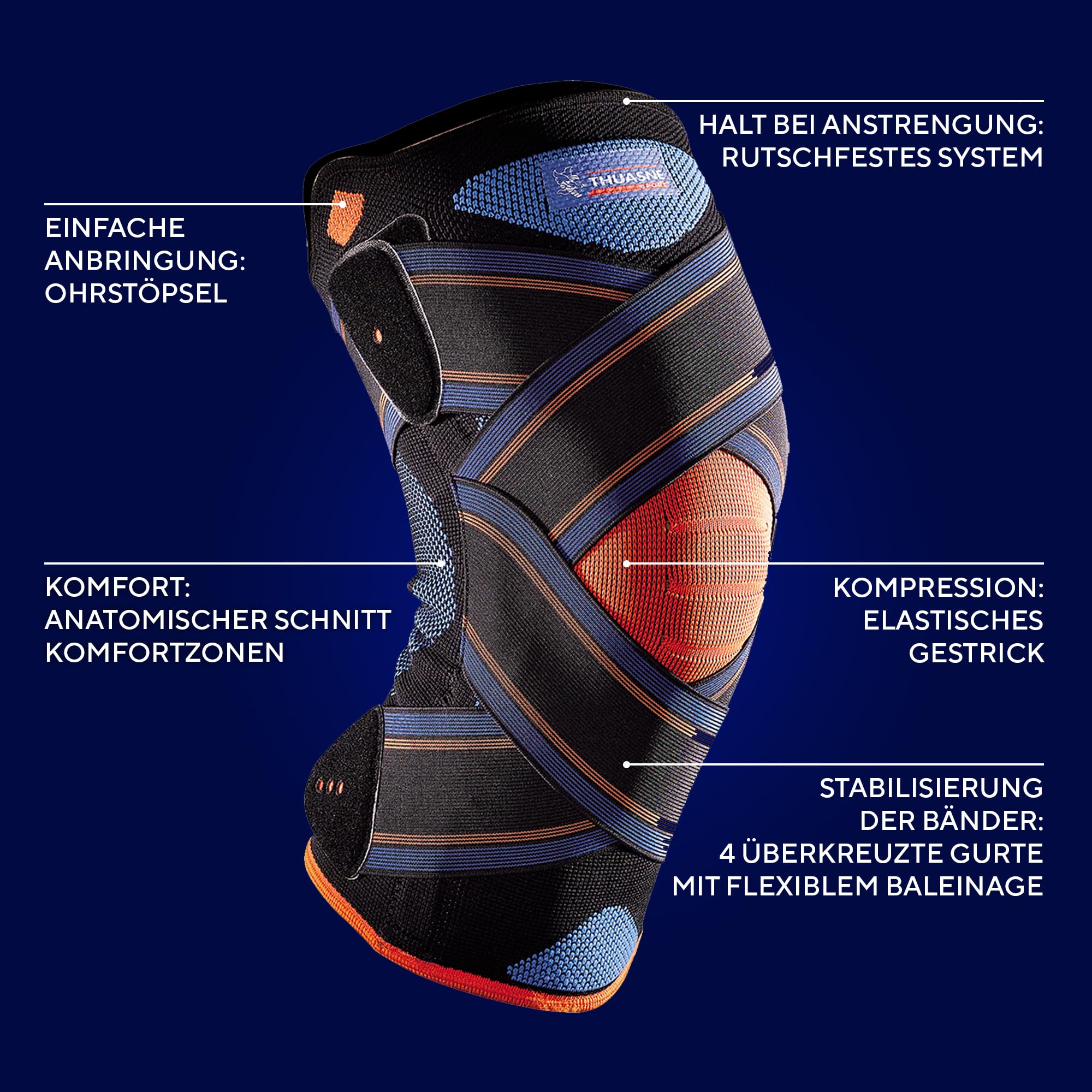 Thuasne Sport – Kniebandage Strapping Novelastic – unstabiles oder schmerzhaftes Knie – seitliche Stützung, anatomisch geformter Strick, Stützindex 3/3 – Medizinprodukt CE – Größe XL