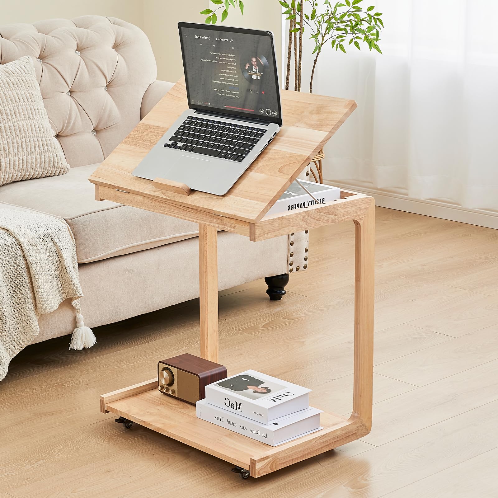 Uniclinens Couch Tables that Slide Under - Rolling Side Table C Shape, Wooden Slim Sofa Desk with Wheels, Small TV Tray for Laptop Multi-Purpose Living Room Bedroom, Natural