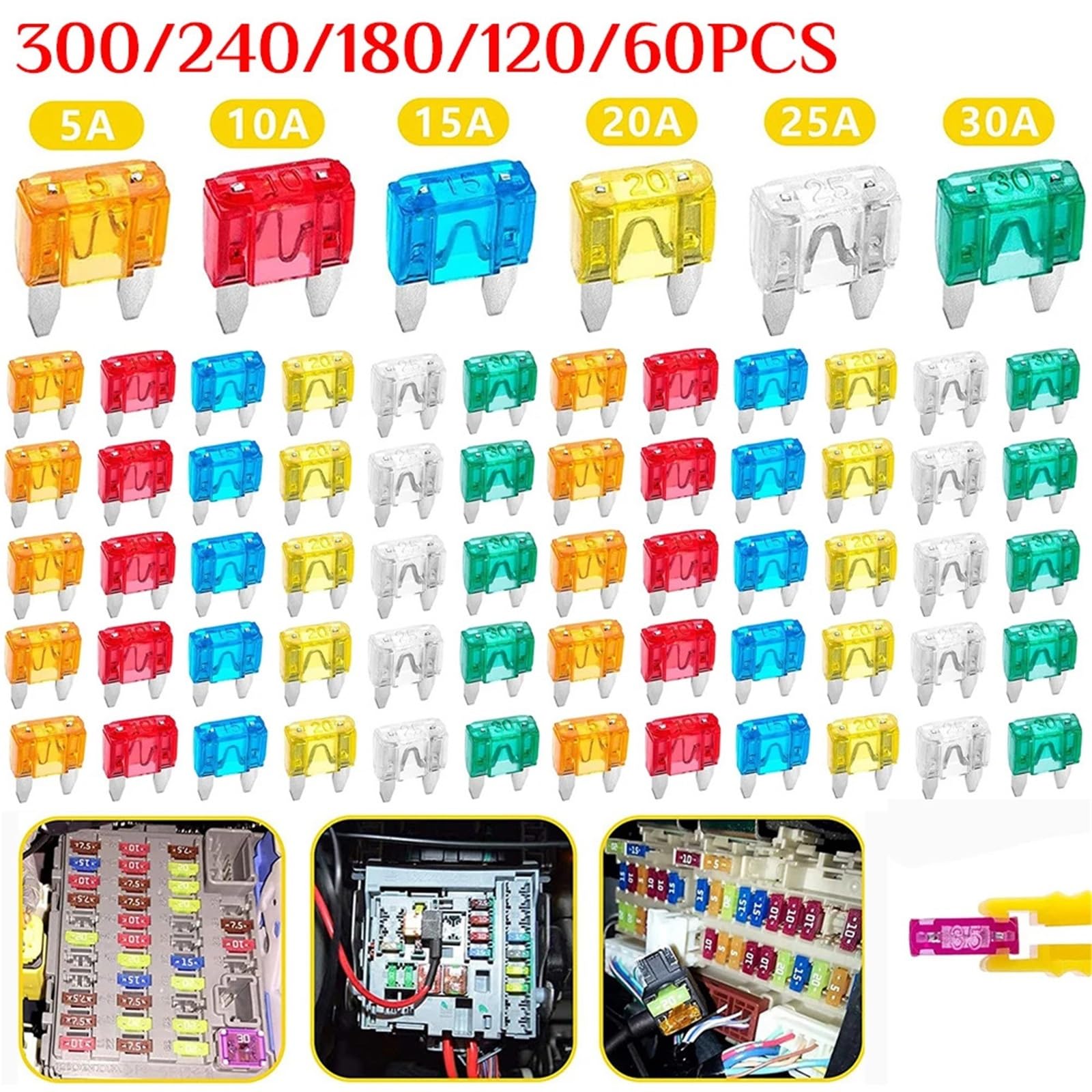 Kit de fusibles de seguridad for coches y camiones (60-300 piezas, surtido) de repuesto for cuchillas de 5/10/15/20/25/30 A(120PCS)