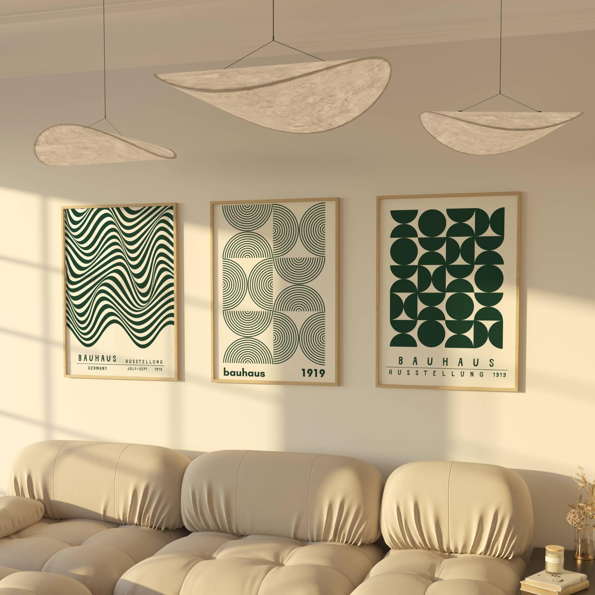 ZoeyAustin® Set di 3 poster d'arte senza cornice, 50 x 70, elegante poster da parete, 3 immagini, immagini fronte/retro (Bauhaus Verde)