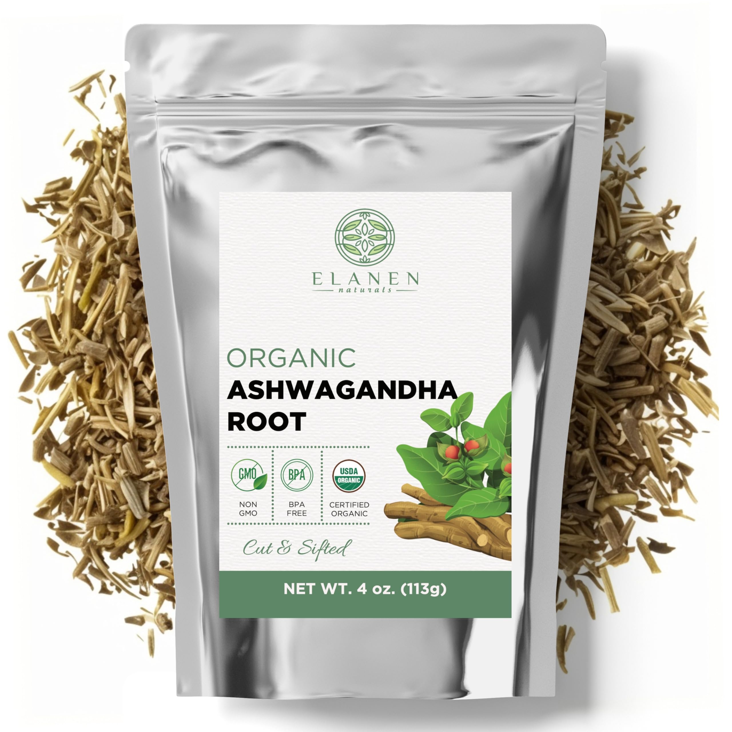 Elanen Naturals Organic Ashwagandha Root 4 oz. (113g), USDA Certified Organic Ashwagandha Root Loose Leaf Tea, Dried Withania somnifera, Cut & Sifted