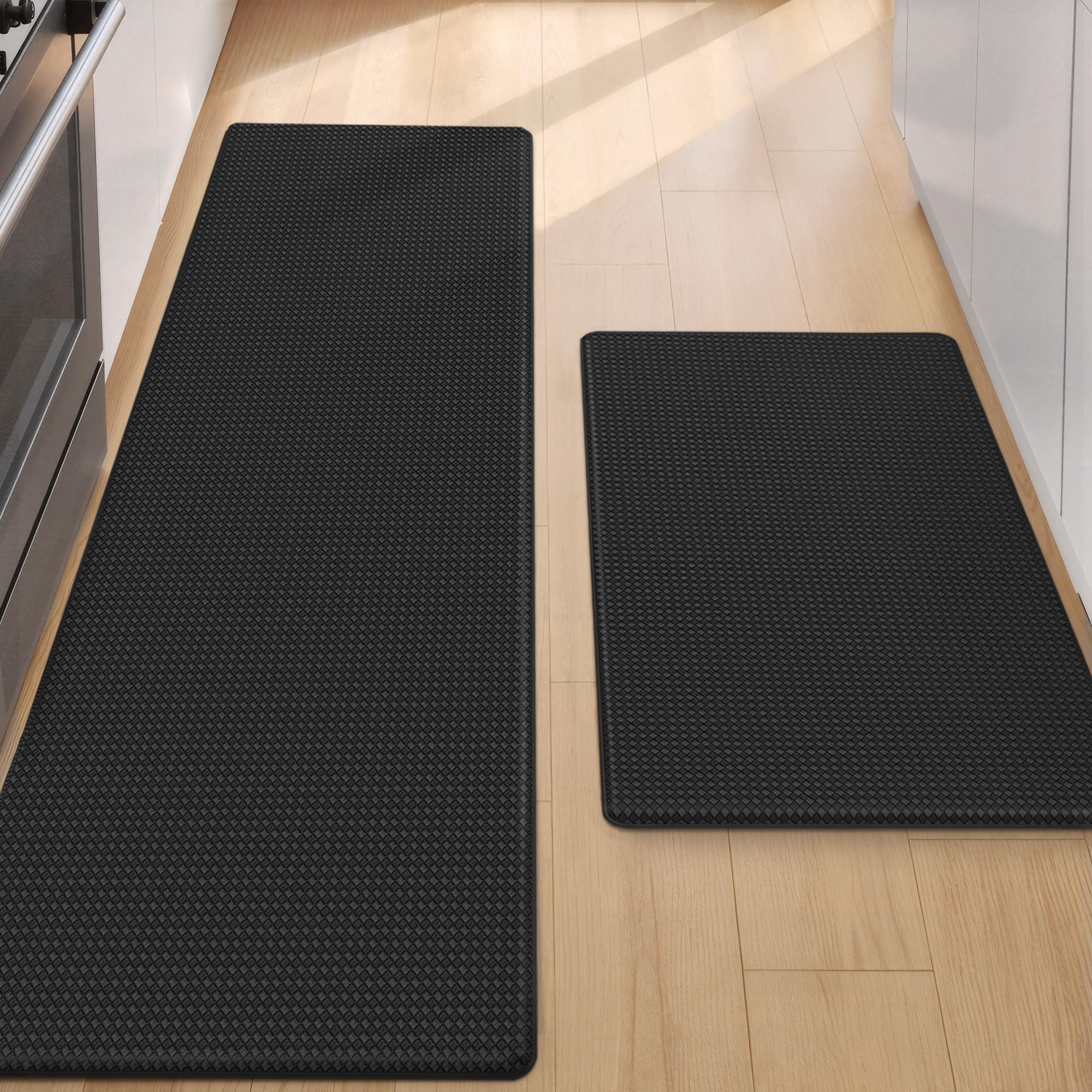 Color&Geometry Anti Fatigue Cushion Padded Kitchen Mat for Floor - 17x29+17x59, Easy Clean, Waterproof & Oil Proof, Anti Slip, Foam Rubber Runner Rug for Front Sink Comfort Standing, Black Set of 2
