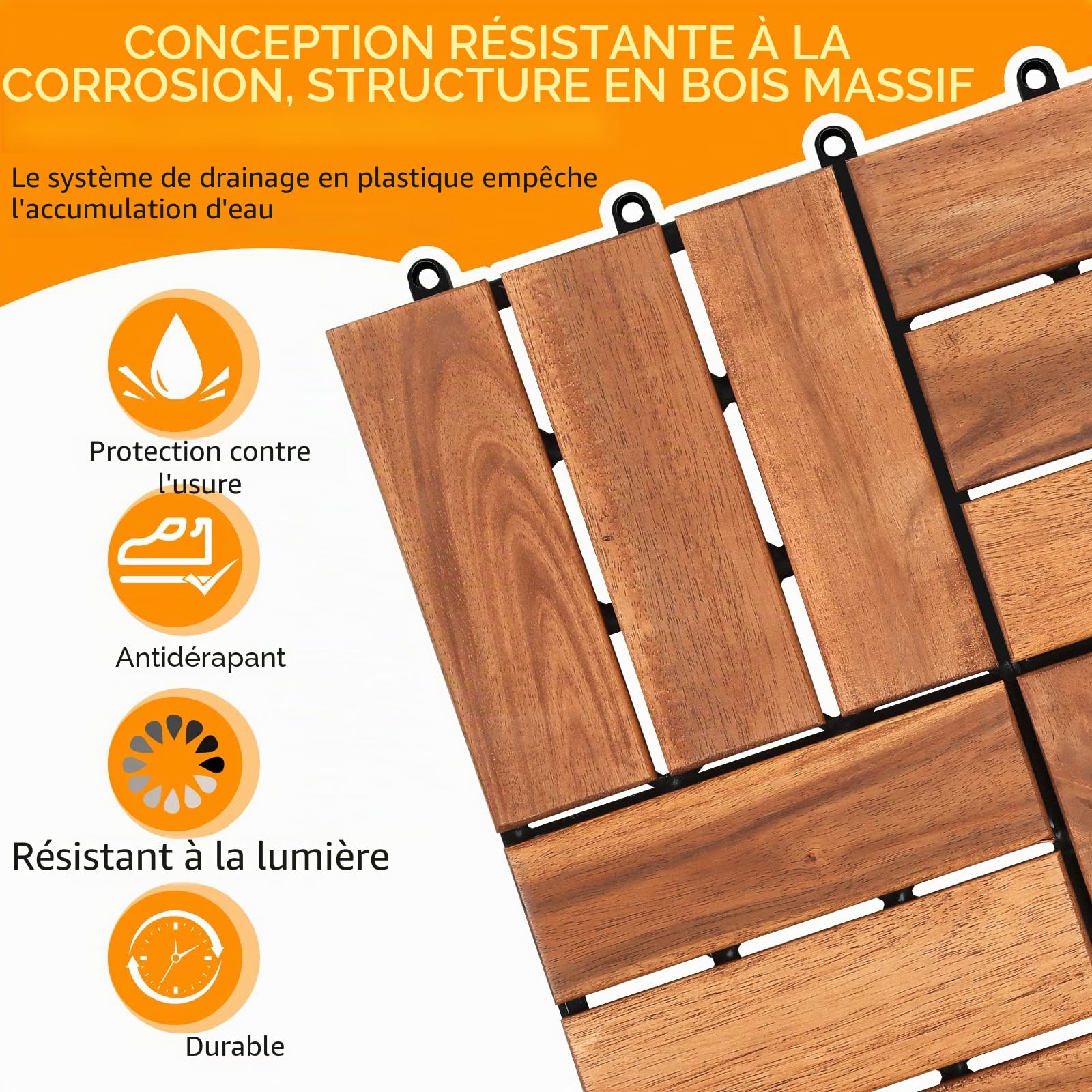 Eulenke Lot de 11 dalles de terrasse en bois d'acacia - 1 m² - 30 x 30 cm - À clipser - Pour jardin, terrasse, balcon