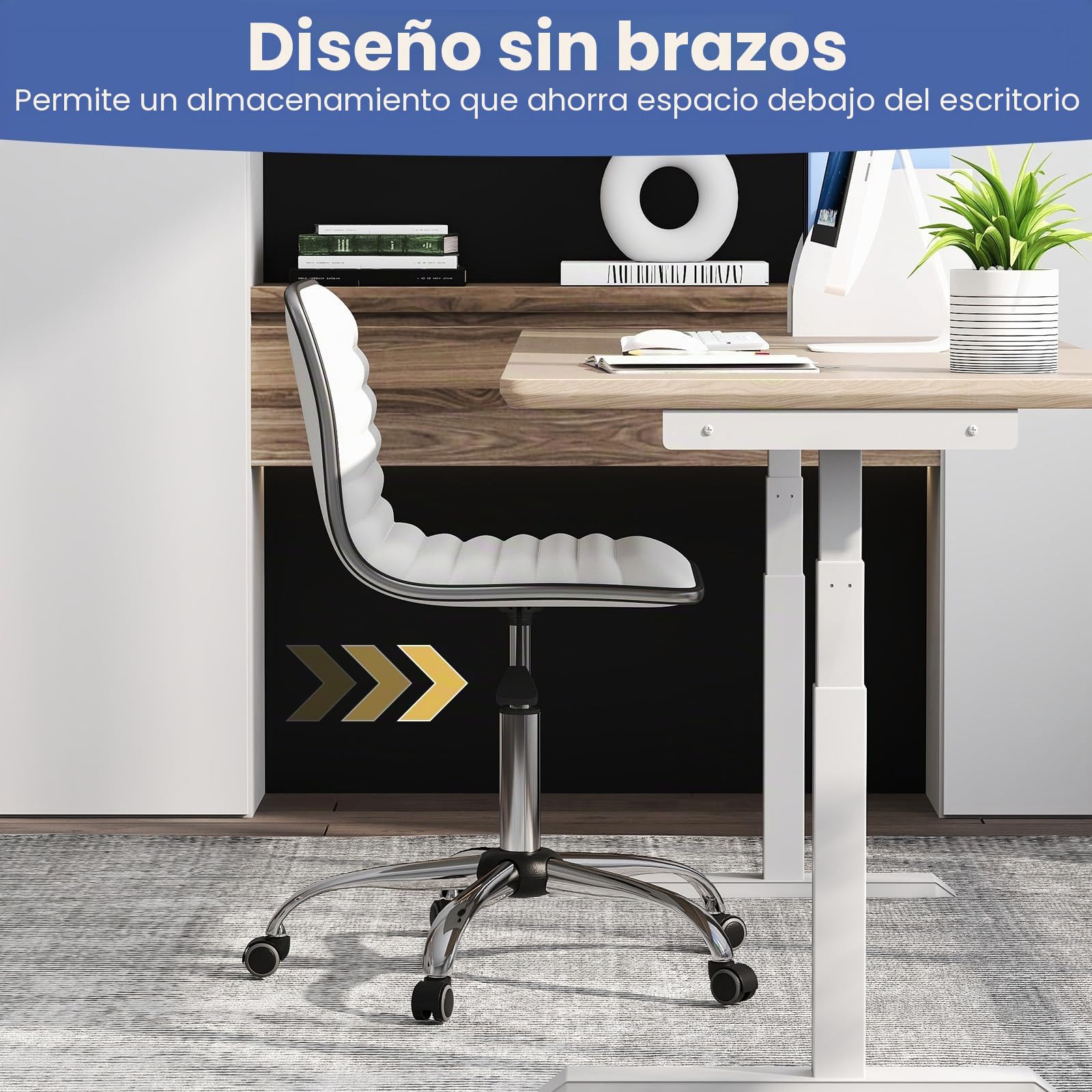 Giantex Silla de Oficina Giratoria 360° con 5 Ruedas, Asiento Tapizado con Altura Ajustable 49-63,5 cm, sin Reposabrazos, Silla de Ordenador para Estudio, Dormitorio y Sala de Reuniones (Blanco)