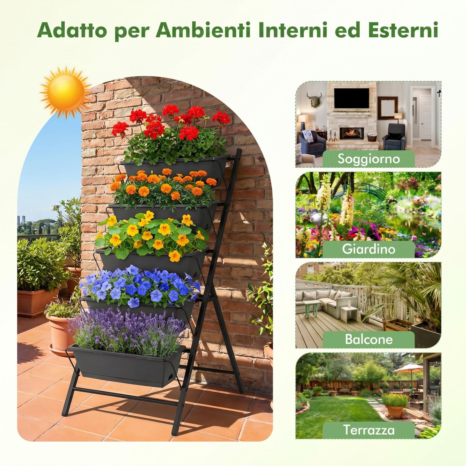 COSTWAY Fioriera Verticale a 5 Livelli, Orto Rialzato a Scaletta da Interno e Esterno, Scaffale Porta Piante Salvaspazio in Metallo con Fori di Drenaggio e 5 Sottovasi Rimovibili (Nero)