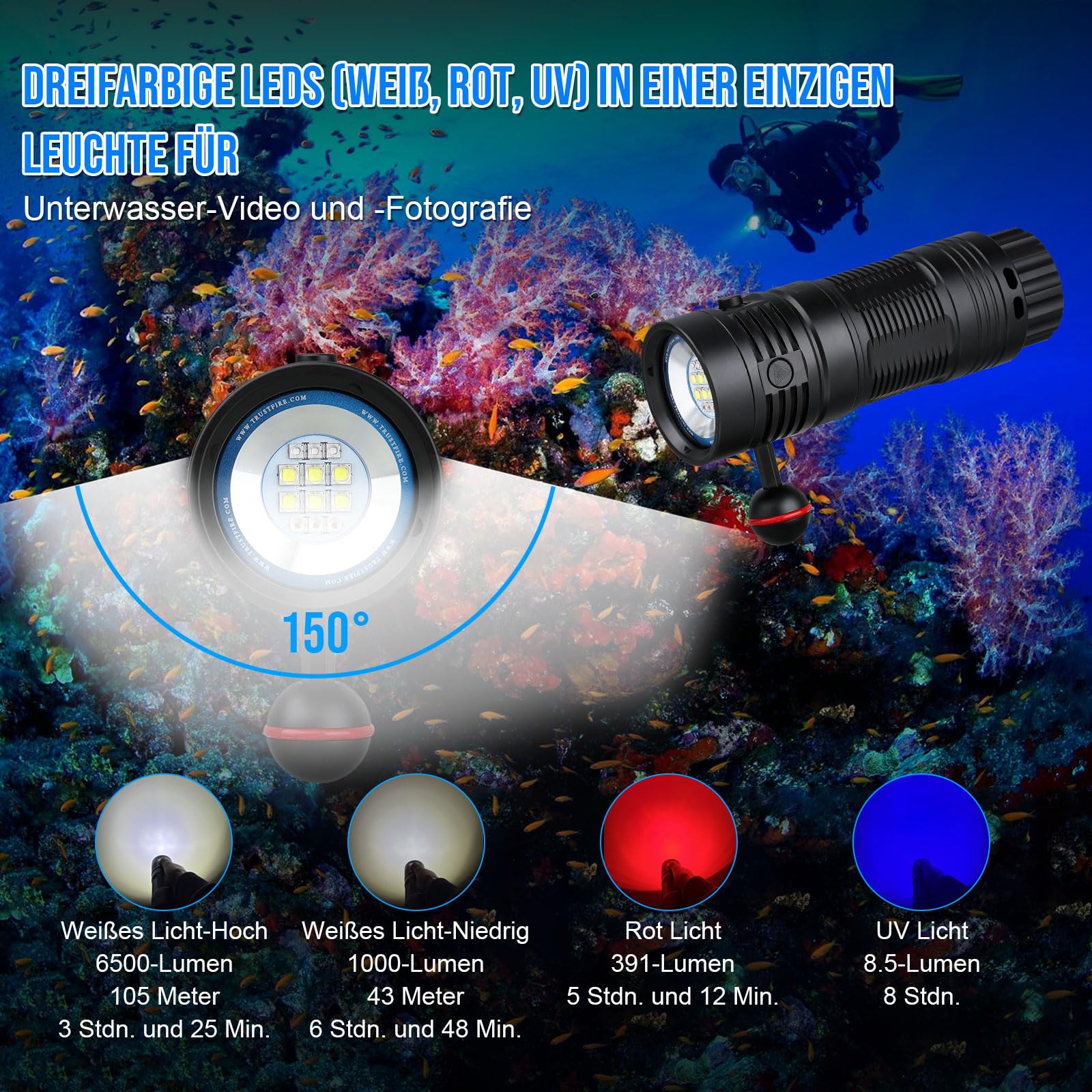 TrustFire DF50S Tauchlampe 6500 Lumen LED Tauchen Taschenlampe 70M Unterwasser Foto Füllbeleuchtung Weiß UV Rot Licht
