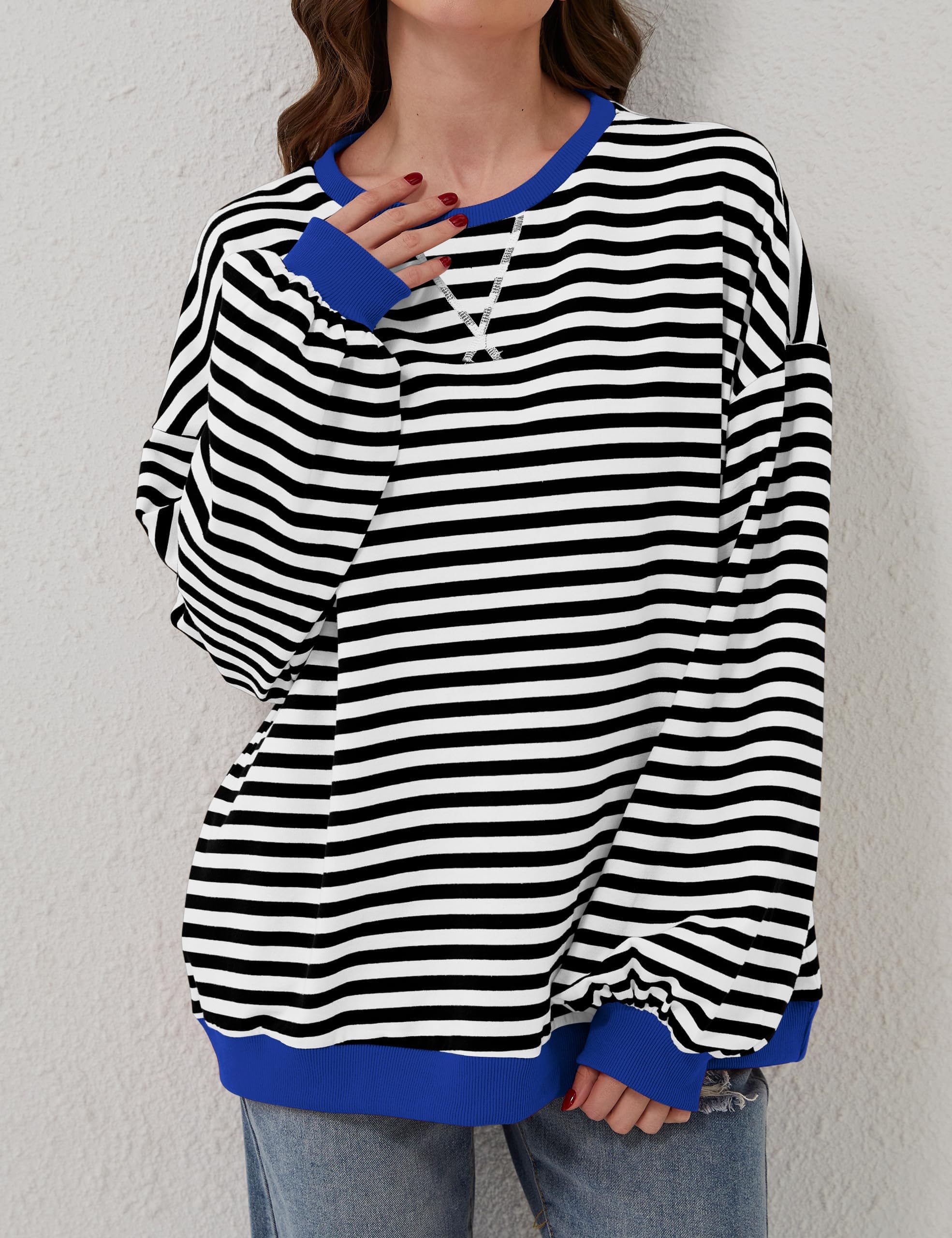 DUOEASE Jersey Mujer Otoño Cuello Redondo Manga Larga Rayas Camiseta Casual Oversize Sudadera Mujer Sin Capucha