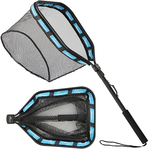 GOODCAT Fishing Landing Net, Black Rubber-Coated Mesh with Aluminum Frame, 17x12.4 Inch Hoop, 32.5 Inch Extended Handle, Foldable Floating Design with Magnetic Release for Kayak Fly Fishing