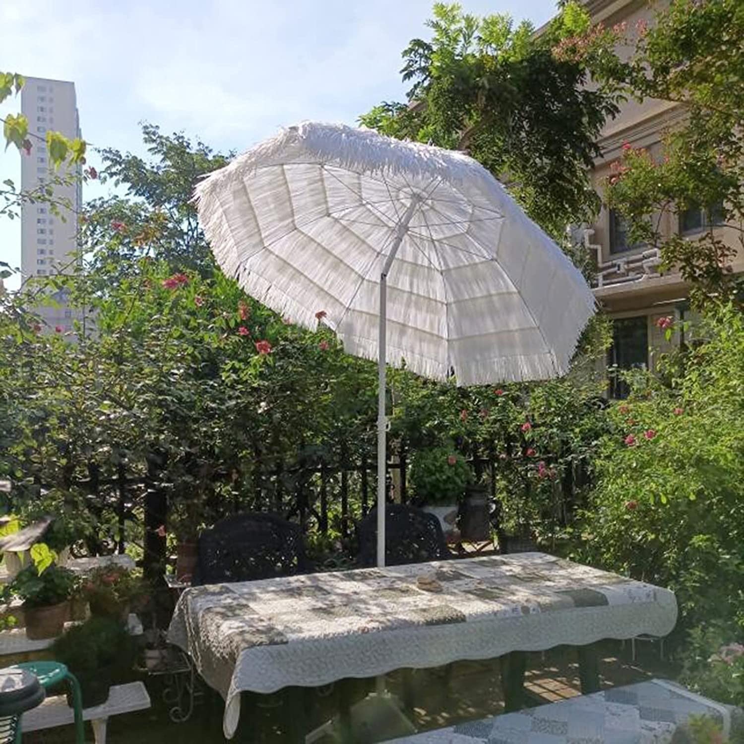 Parasol Parasol ze Sztucznej Słomy Bez Podstawy 1.8m Biały Parasol Plażowy Parasol Ogrodowy Parasol Powierzchnia Łuku Długość 2m 32mm Słupek Od Parasol Możliwość Pochylenia 45° Regulacja Wysokości