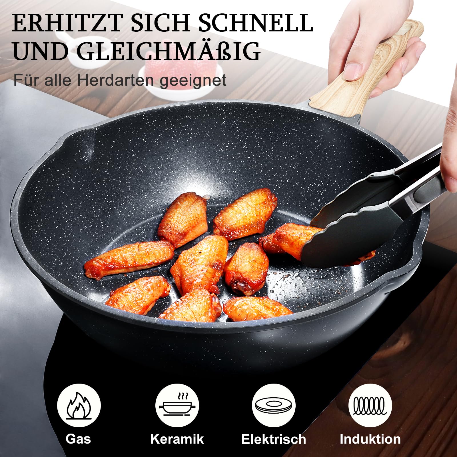 GiPP Schmorpfannen Bratpfannem 30cm Hoher Rand, Antihaft Wokpfanne mit Deckel, 5.1L Keramik-Antihaftbeschichtung 30cm Pfanne mit Deckel, PFOS/PFOA-frei, für alle Herdarten, Grau