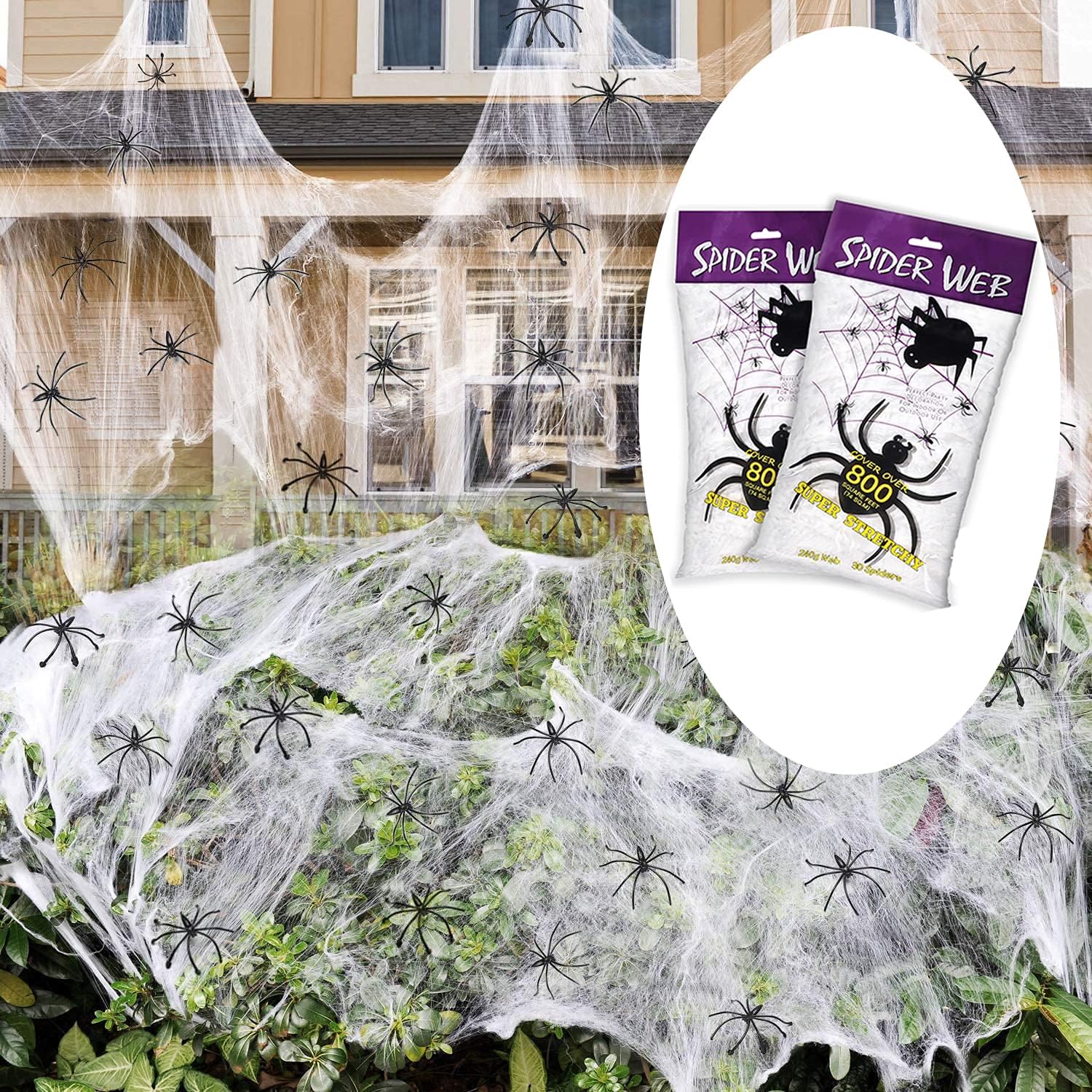 LessMo 2 Pack 800 Sqft Halloween Spider Web Decorations with 30 Extra Fake Spiders, Large Size Cover Super Stretchy, White Cotton Cobweb for Haunted House Halloween Party Decor