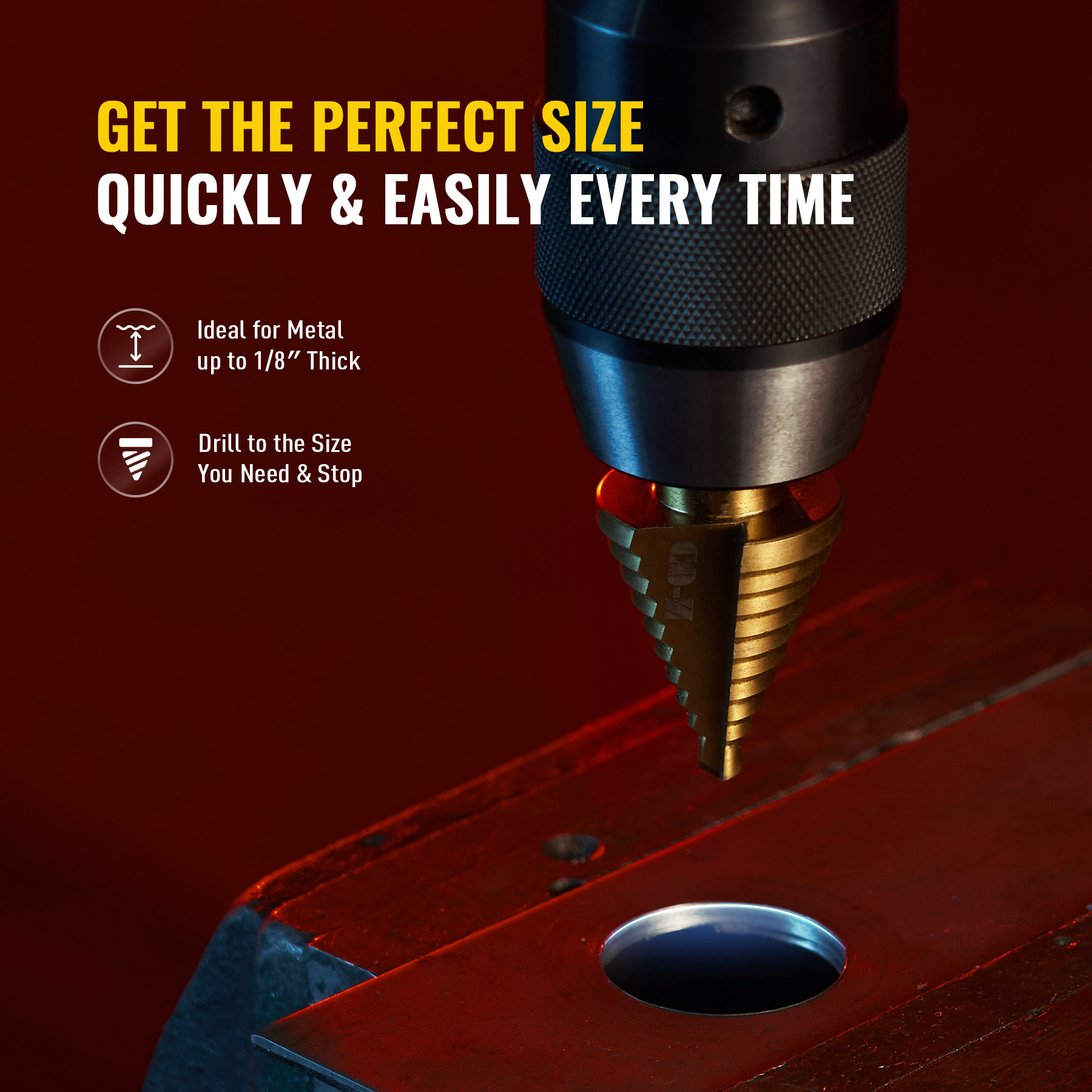 Image of ZELCAN 10 Sizes Titanium Step Drill Bit, 1 /4 to 1-3 /8 Inches High Speed Steel Drill Cone Bits for Sheet Metal Hole Drilling Cutting, HSS Multi Size Hole Stepped Up Unibit for DIY Lovers Electrician