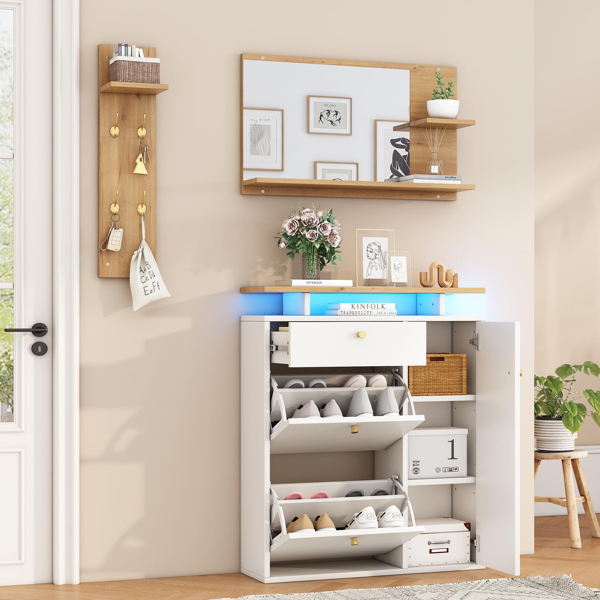 Generisch 3-teiliges Flur Garderoben Set mit LED, Spiegel & Schuhschrank