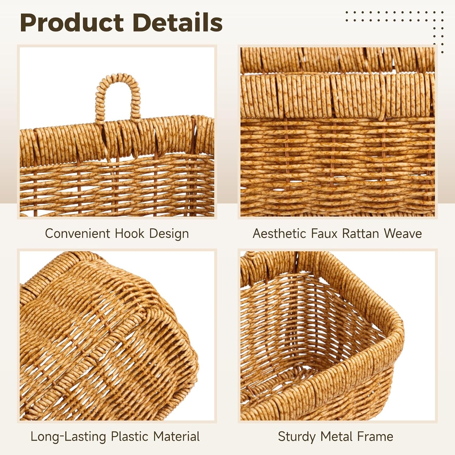 2-Piece Woven Plastic Hanging Baskets, Wall-Mount Kitchen Organizer with Faux Rattan Weave, Includes Adhesive Hooks, for Fruit, Vegetables, Garlic & Onion Storage