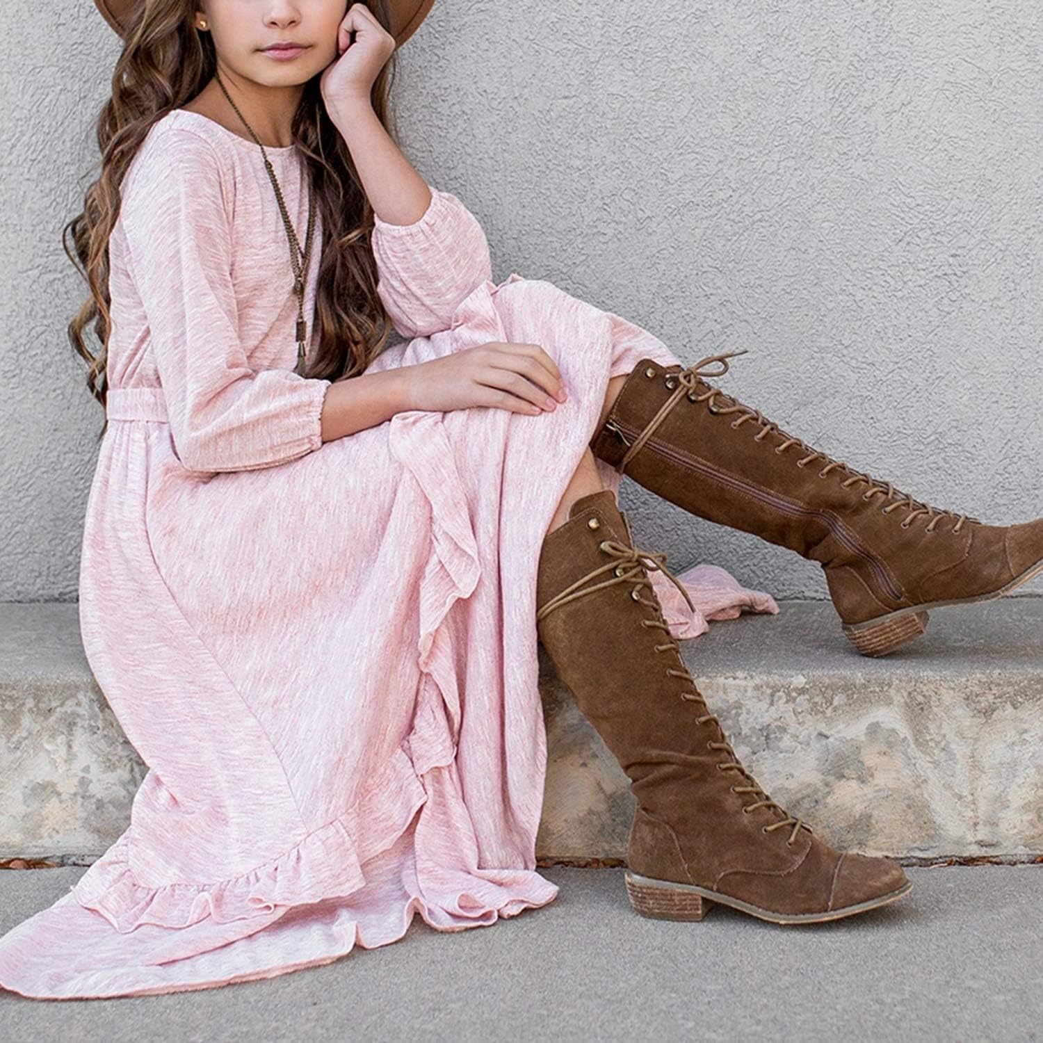 MITILLY Girls Loose Plain 3/4 Sleeve Casual Pocket Ruffle Swing Long Maxi Dress with Belt - Image 4