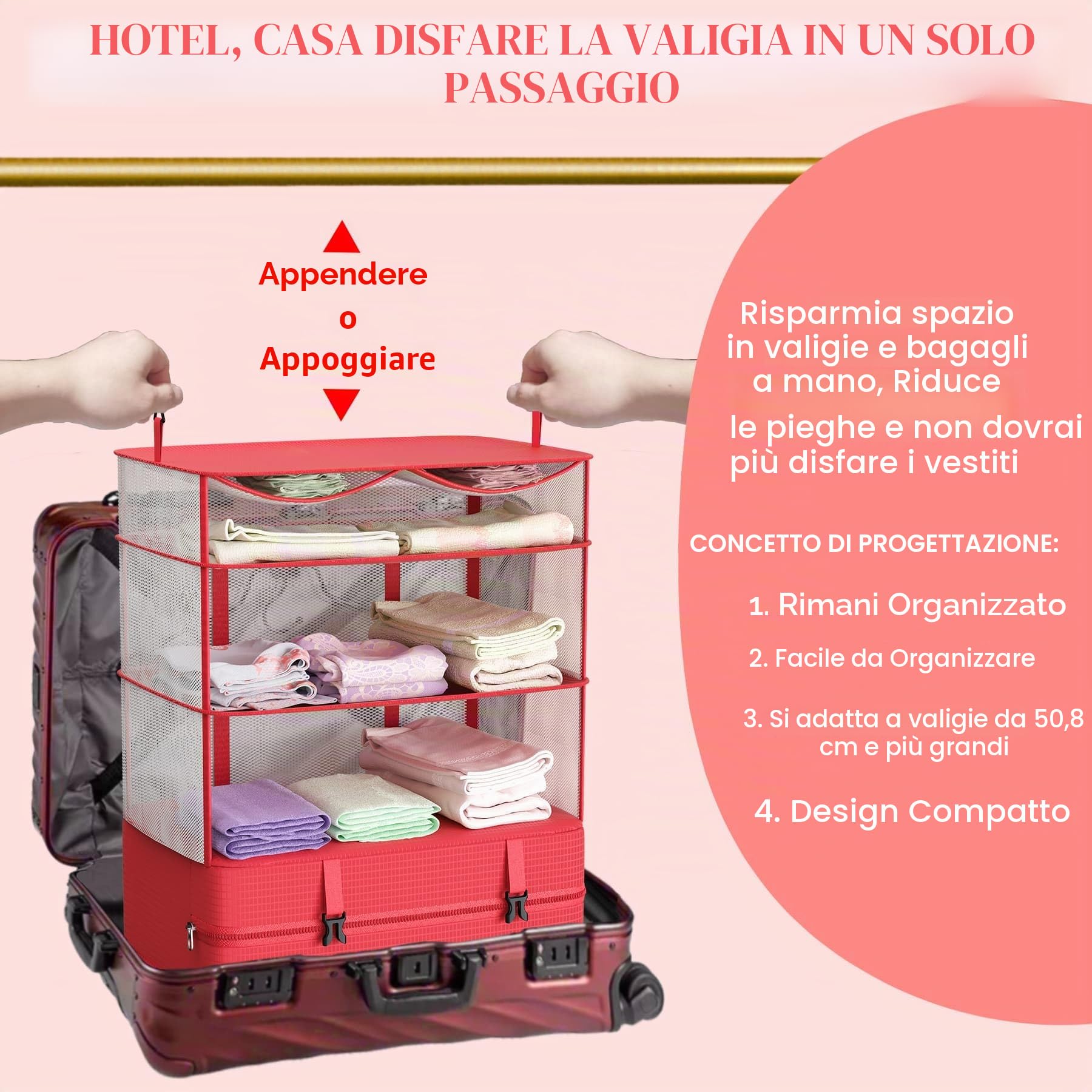 Cubi da Appendere per Borse Organizer per Valigie, Armadio Portatile del Tessuto di Nylon Migliorato 44 * 30 * 65cm, Imballaggio di Compressione e Disimballaggio in un Passo (Rosso)