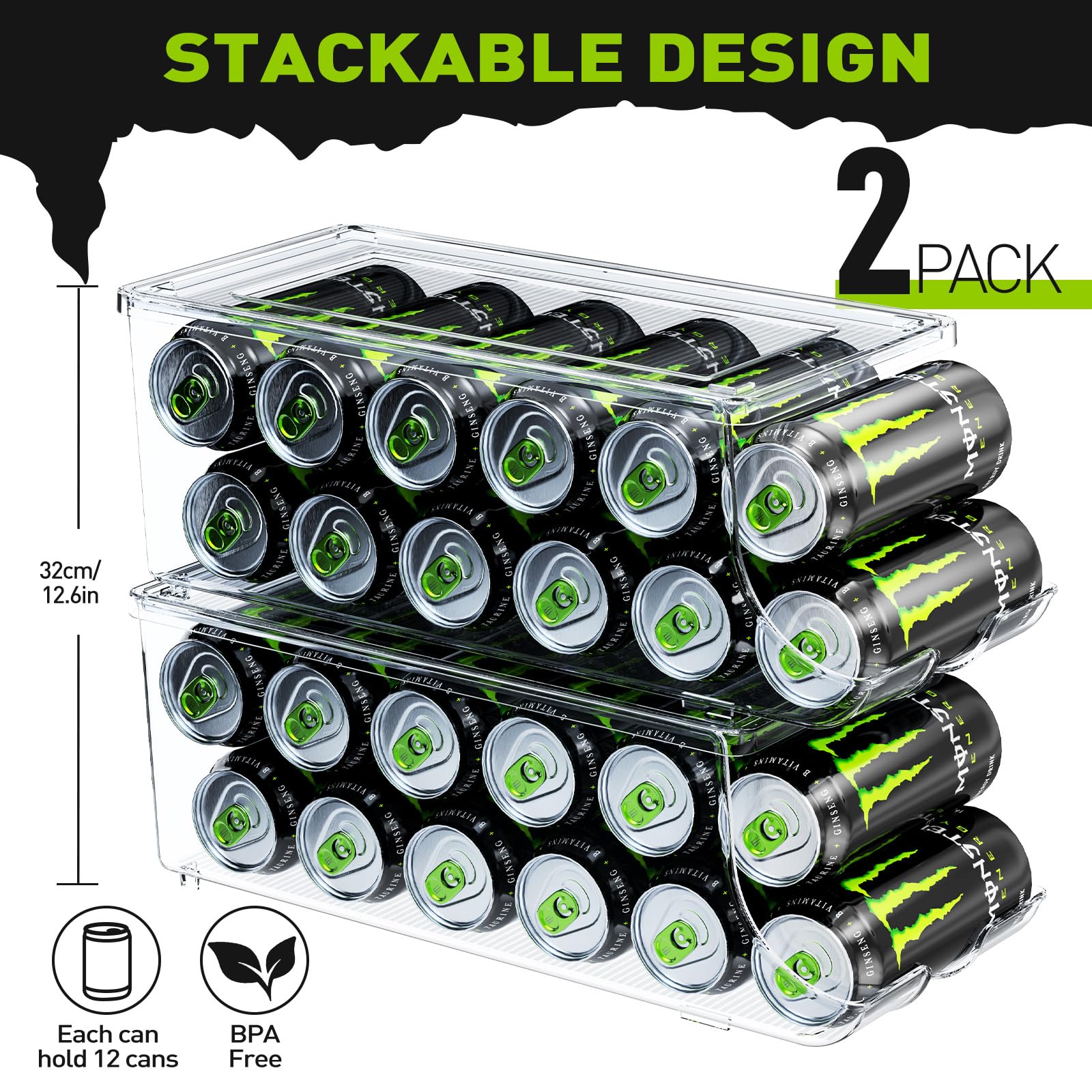 SCAVATA Paquete de 2 organizadores de latas de refresco para refrigerador para latas altas de 16 onzas y 17 onzas, dispensador de contenedores de bebidas apilables con tapa para refrigerador,