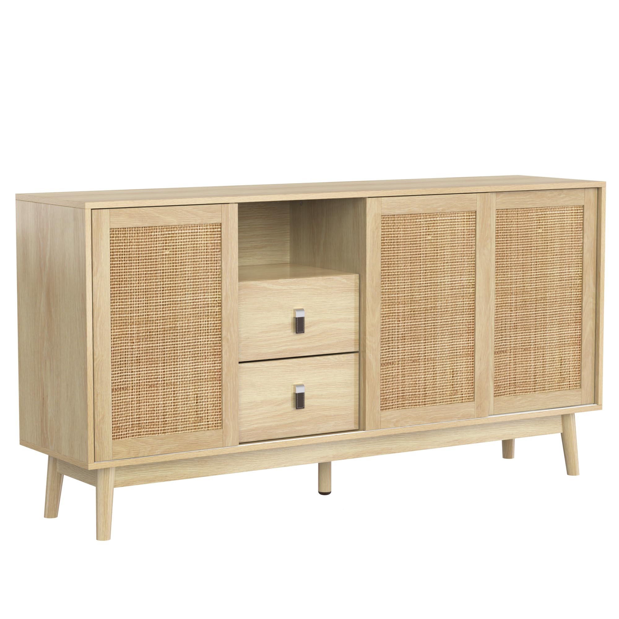 SUKY Aparador con 3 puertas correderas de ratán auténtico y 2 cajones, transpirable, estable y versátil, 155 x 38 x 80 cm