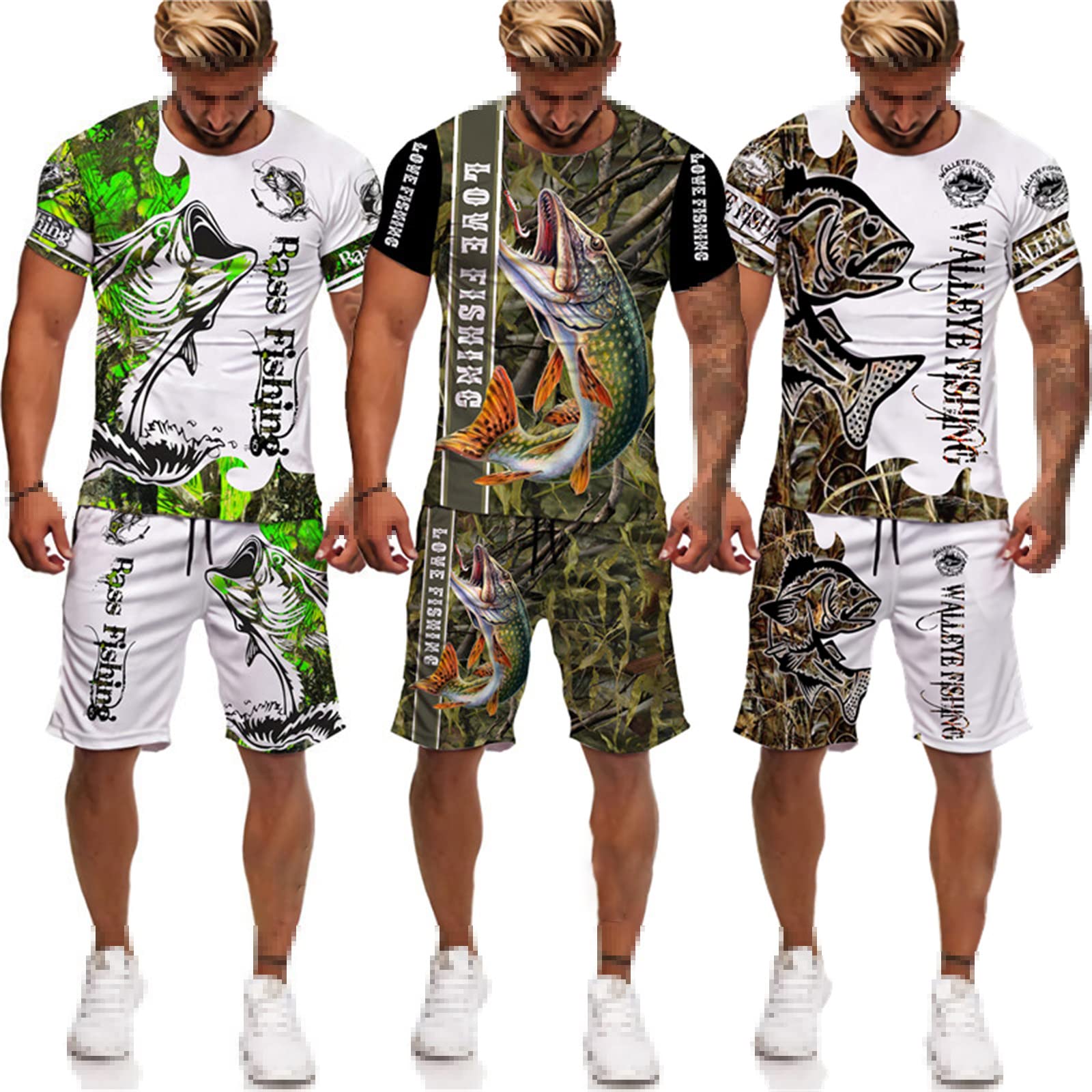 Verano Divertido 3D Impreso Camiseta/Pantalones Cortos/Patrón de Pesca de los Hombres O-Cuello de Manga Corta Ropa Deportiva Conjunto Cool 2 Unids Chándales