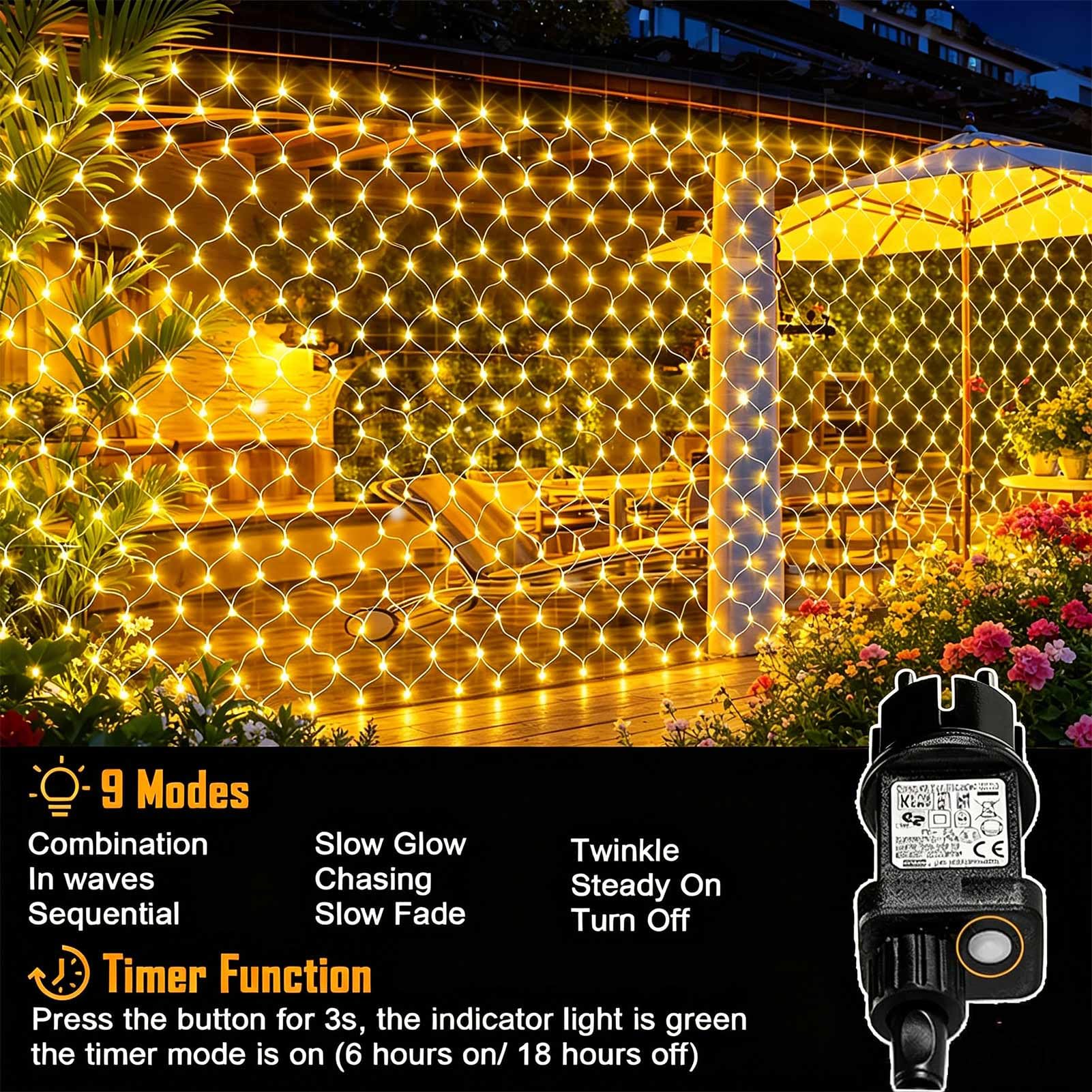 Joycome Zewnętrzna siatka świetlna 3 x 2 m, 200 diod LED, łańcuch świetlny z wtyczką, 8 trybów pracy, wodoszczelna siatka, oświetlenie bożonarodzeniowe do krzaków, ogrodu, drzewa, pokoju, na balkon