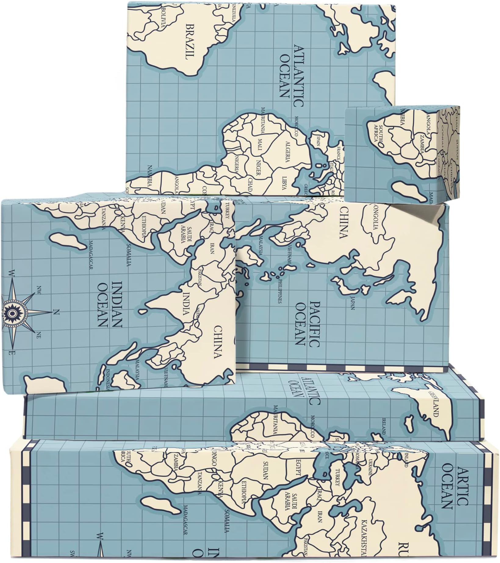 Kids Wrapping Paper - 6 Sheets of Blue Gift Wrap and Tags - World Map - Birthday Wrapping Paper for Boys Girls - Comes with Fun Stickers - Recyclable