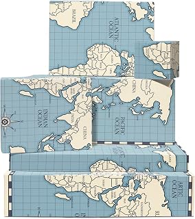CENTRAL 23 Kids Wrapping Paper - 6 Sheets of Blue Gift Wrap and Tags - World Map - Birthday Wrapping Paper for Boys Girls - Comes with Fun Stickers - Recyclable