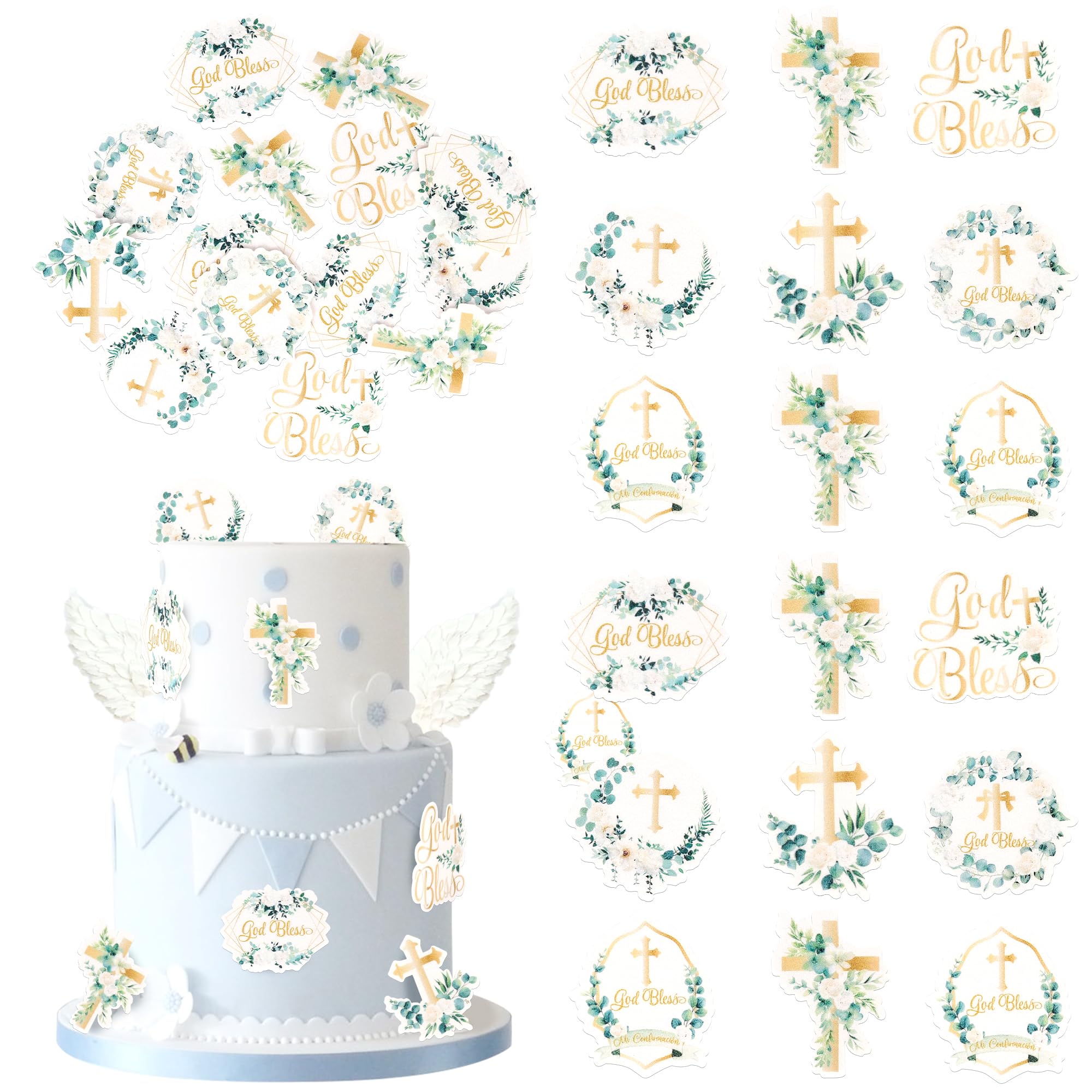 Xsstarmi 60 Pack Edible God Bless Cupcake Toppers Cross White Wreath Cupcake Picks for Christian Baptism Baby Shower Boys Girls First Communion Party Cake Decorations โ image 1