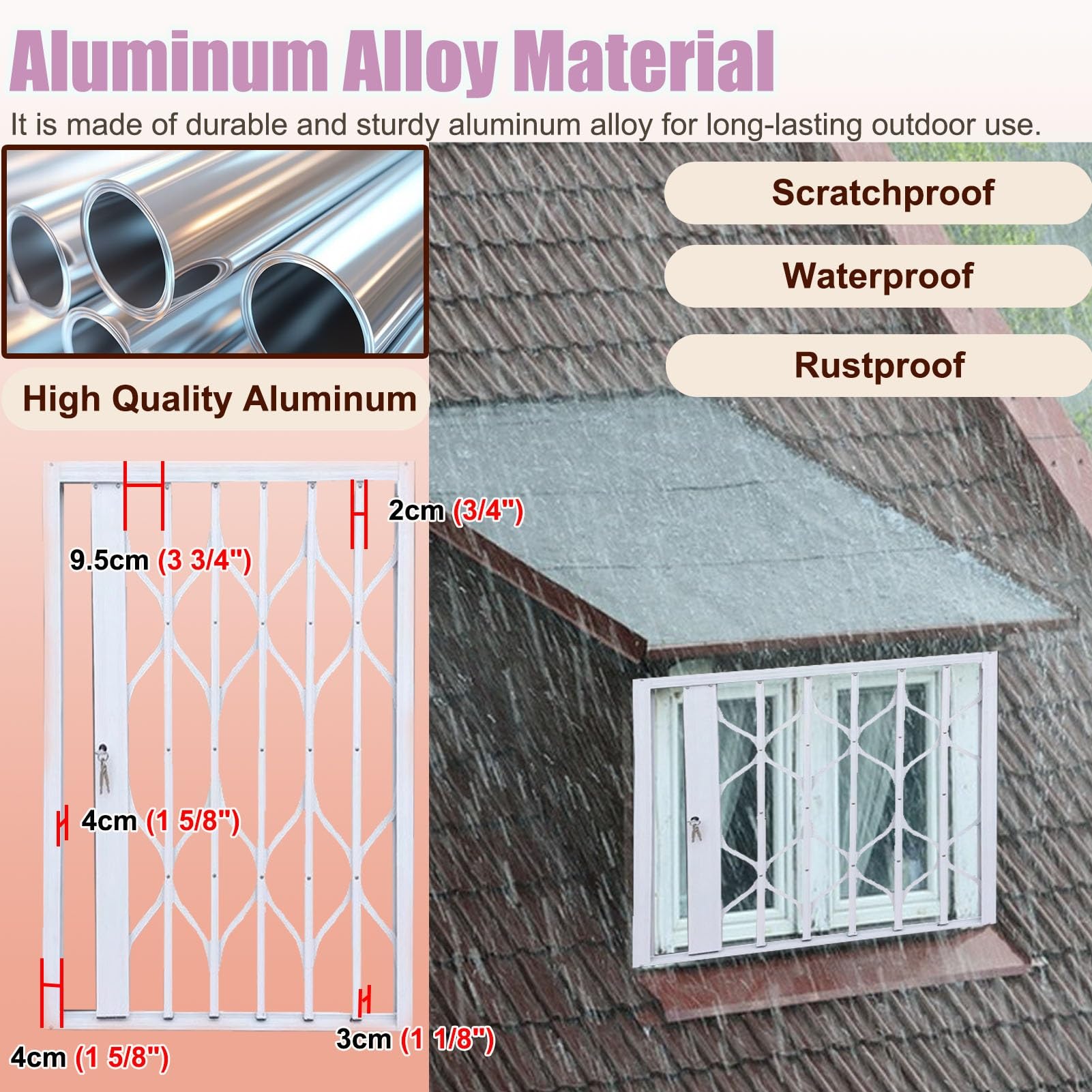 Reja de seguridad plegable de aleación de aluminio blanca con cerradura, malla a prueba de niños, resistente a huracanes y antirrobo para ventanas pequeñas del hogar.
