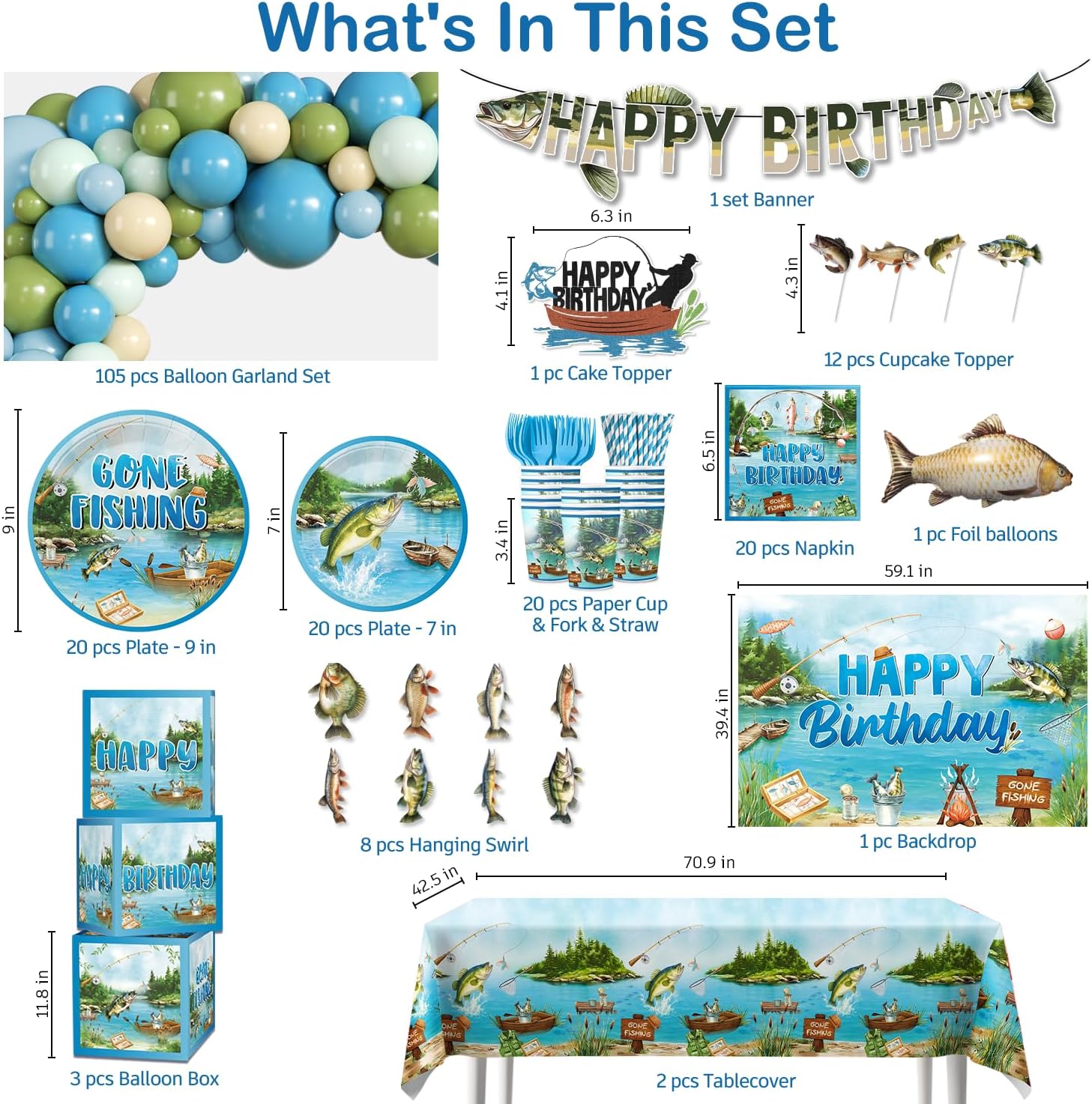 cocomigo Fishing Birthday Party Decorations, All-in-1 Supplies Pack, Includes 20 Fishing Theme Tableware, Backdrop Tablecloth Balloon Kit for Fish Birthday Party Decorations