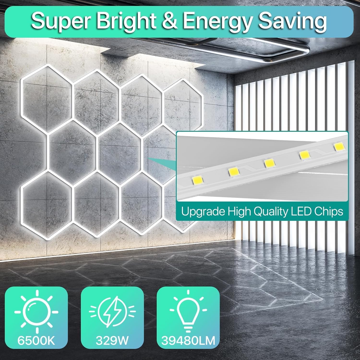 Hexagon LED Light 6500 K, blanc lumière du jour, 11 Grid – Éclairage parfait pour garage, entretien automobile, salon de coiffure, studio de tatouage – Éclairage LED haut de gamme pour garage