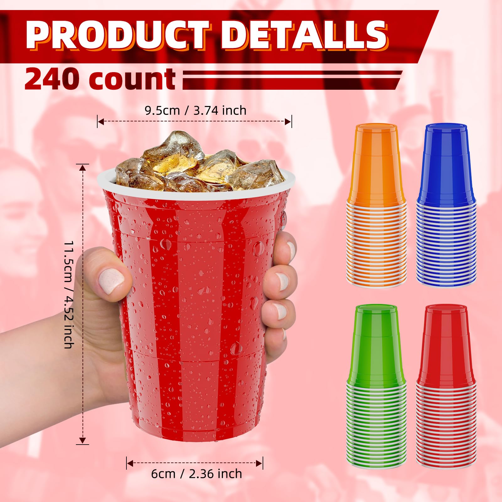 AOLUXLM 240 Partybecher Set + 20 Bälle, Plastikbecher, Mehrwegbecher | 473ml/16oz, Mehrweg, in 4 Farben, Spülmaschinenfest, Polypropylen (PP), Trinkbecher für Feste und Veranstaltungen
