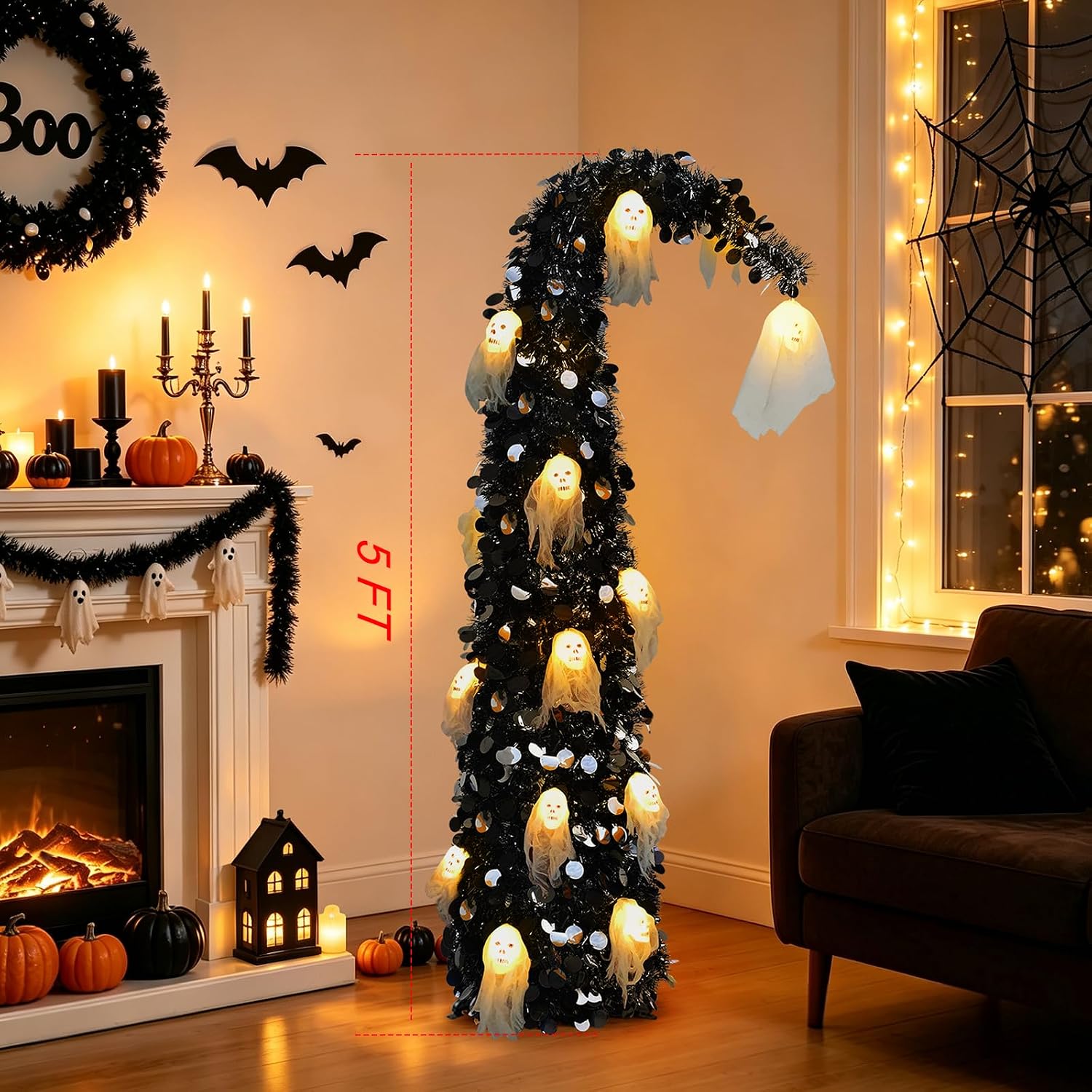 5FT Black Christmas Halloween Tree with Ghost Skull Lights Pop Up Tinsel