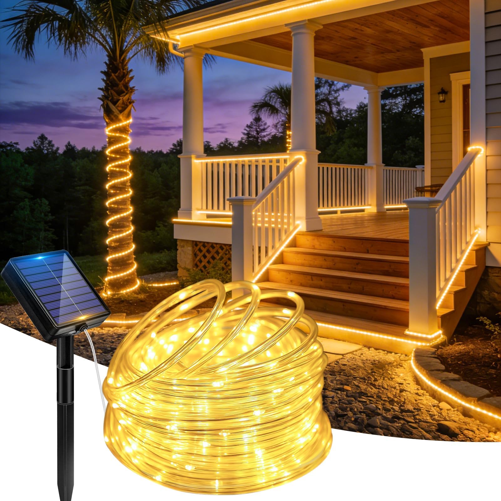 Guirnalda de luces solares de 33 pies, 100 luces LED IP65, impermeable, brillante y duradera, con 8 modos de iluminación para terraza, valla, patio, jardín, decoración de árbol de vacaciones