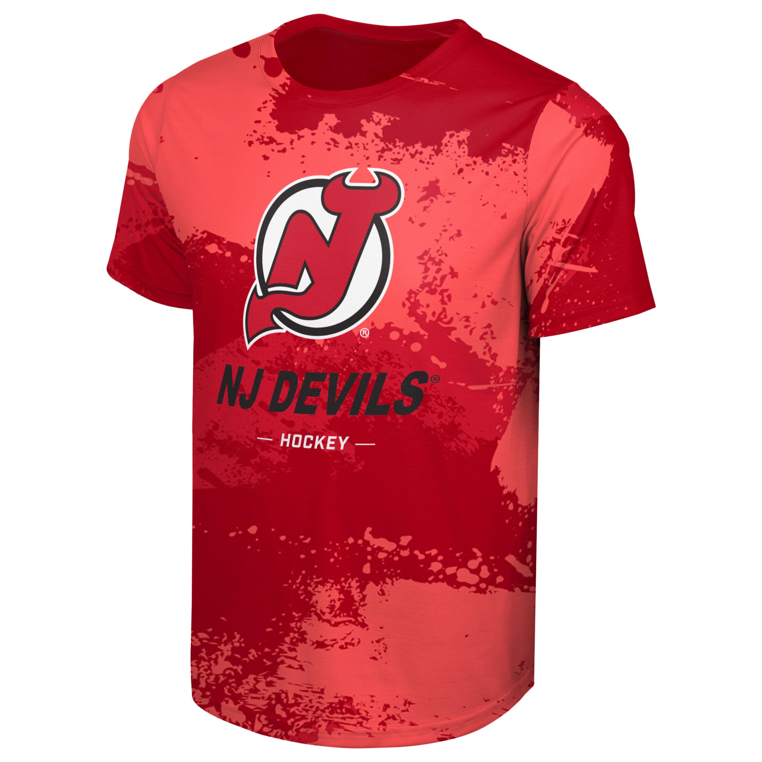 FOCO NHL Men's Official Primary Logo Wordmark Paint Stroke Polyester Performance T-Shirt, New Jersey Devils - Red, Medium