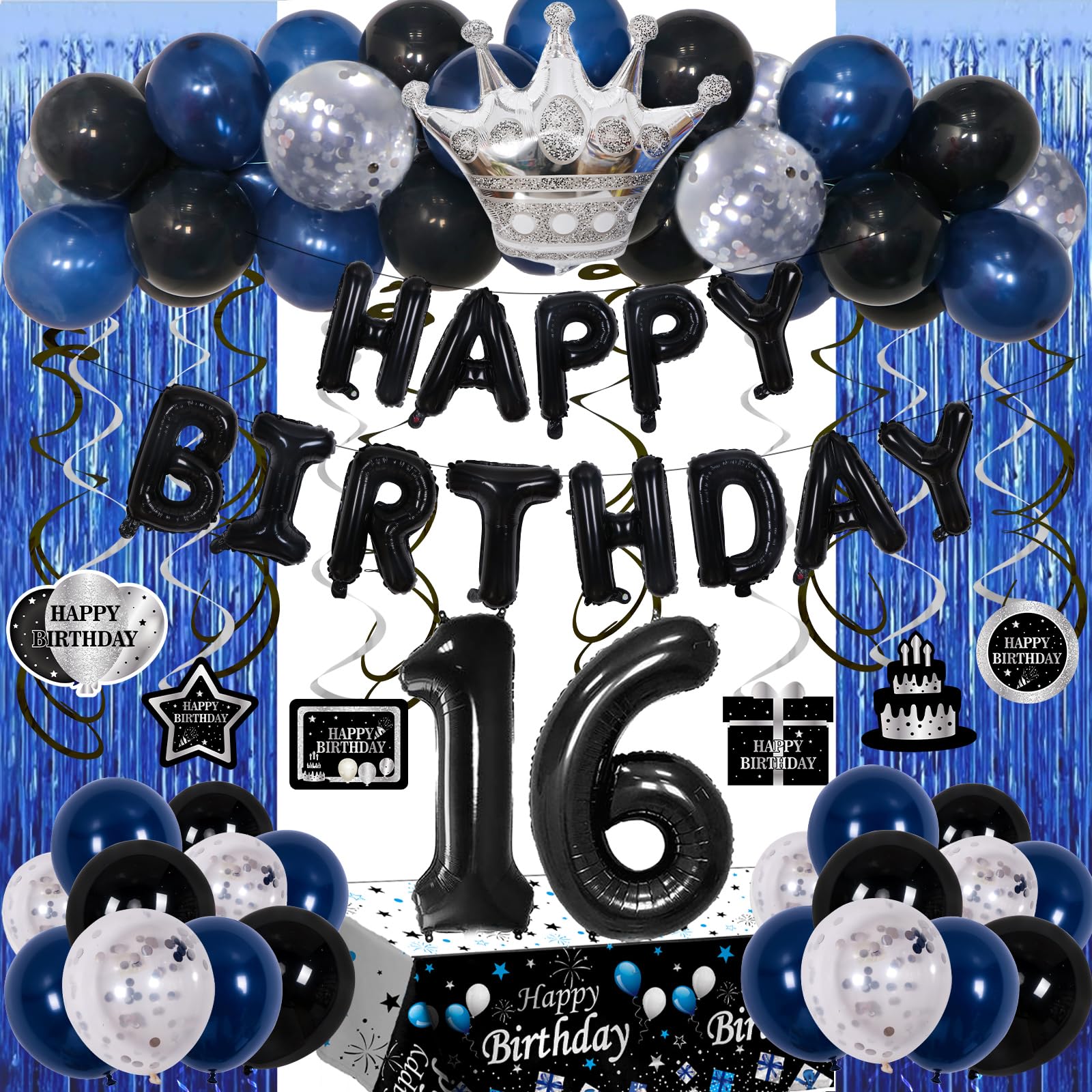 16th Birthday Decorations for Boys Girls, Blue Black Happy 16th Birthday Decorations Boy, Sweet 16 Party Decorations 16 Year Old Balloons, Tablecloth,