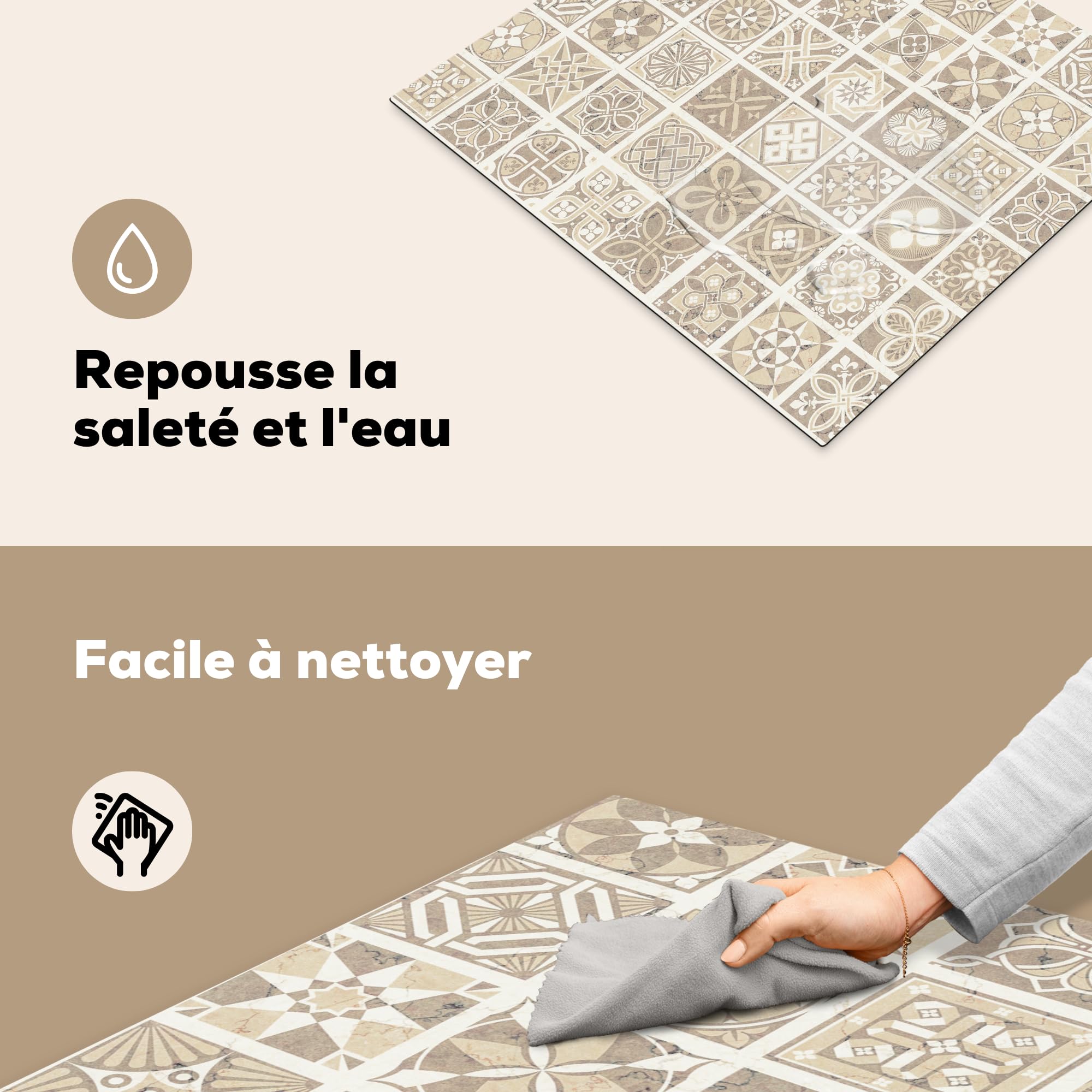 Protection Plaque Induction 60x52cm - Tapis Vintage Beige Fleurs, Décor Cuisine Antidérapant