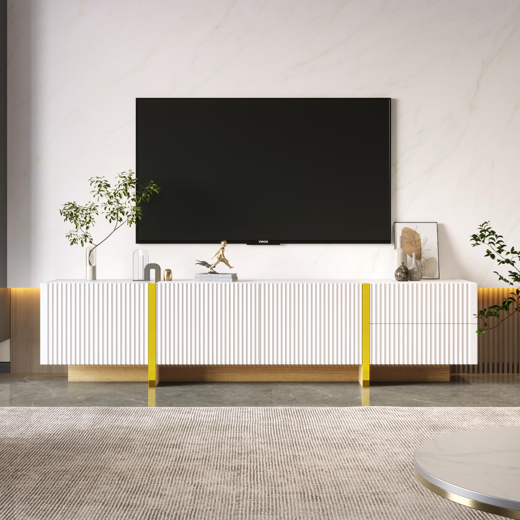 Merax TV Unit Cabinet with 3 Doors,2 Drawers,Spacious Storage Media Console for Living Room,Stylish Entertainment Unit - Gold & White,190 * 35 * 45CM