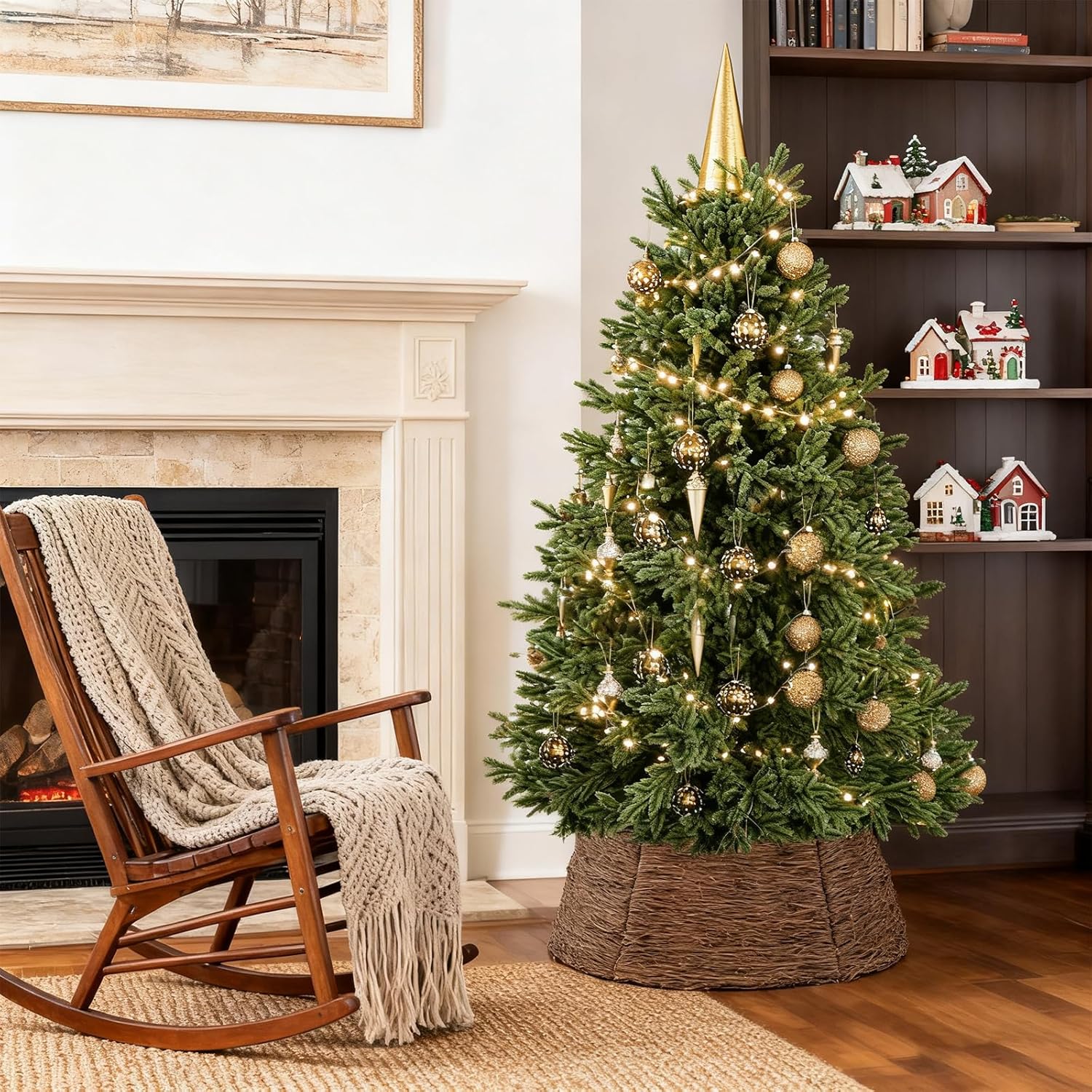 ELYKEN 28 Inch Christmas Tree Collar, Wicker Xmas Tree Collar for 7.5 ft Trees, Boho Woven Tree Skirt, Rustic Farmhouse Basket for Tree Base Cover, Round Tree Ring for Pencil Trees