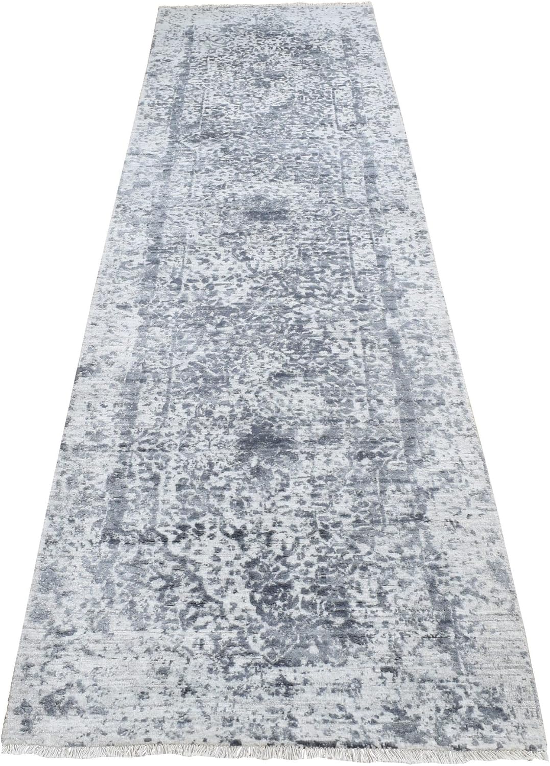 Gray Hand Knotted Erased Design Wool and Pure Silk Runner Oriental Rug (2'7"x7'10")