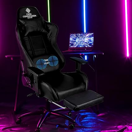 Casa Copenhagen Racing, High-Back Italian Leather Gaming Ergonomic Chair with Advanced Mechanism & Electric Back Massager, Luxurious Memory Foam Seating & Multi Function Arm-Rest - Black
