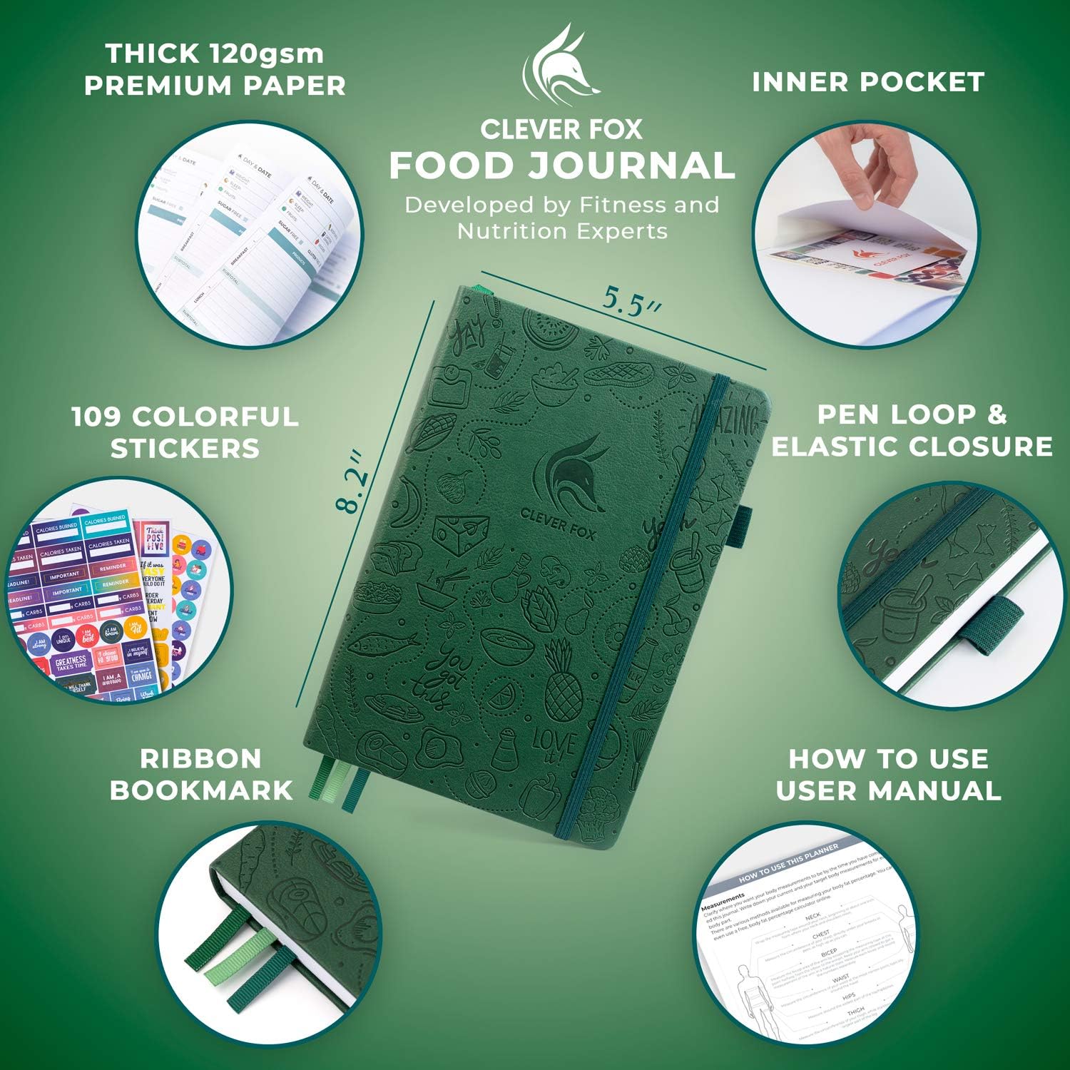 Clever Fox Food Journal - Daily Food Diary, Meal Planner to Track Calorie and Nutrient Intake, Stick to a Healthy Diet & Achieve Weight Loss Goals. Undated - Start Anytime. A5 Hardcover - Forest Green : Sports & Outdoors