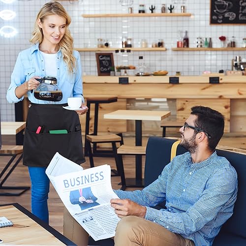 Miniatura 9 de Ruvanti Delantal de cintura para camareroservidor mezcla de algodón 3 bolsillos lazos largos