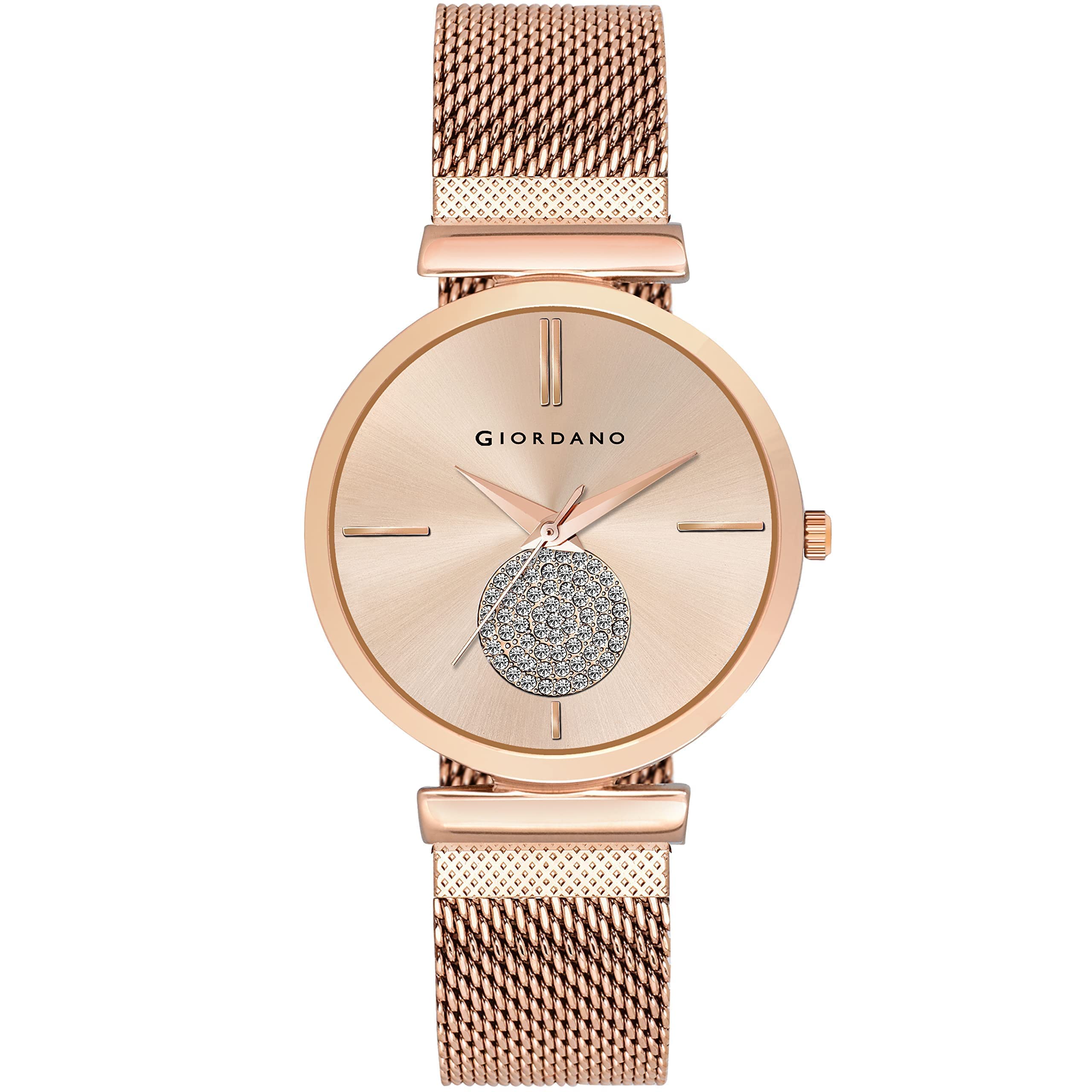 GiordanoEleganza Collection Analog Watch for Women with Crystal Studded Rose Gold Dial and Metal Mesh Band Ladies Wrist Watch - GD-4066-33, Dial: Rose Gold Strap:Rose Gold,
