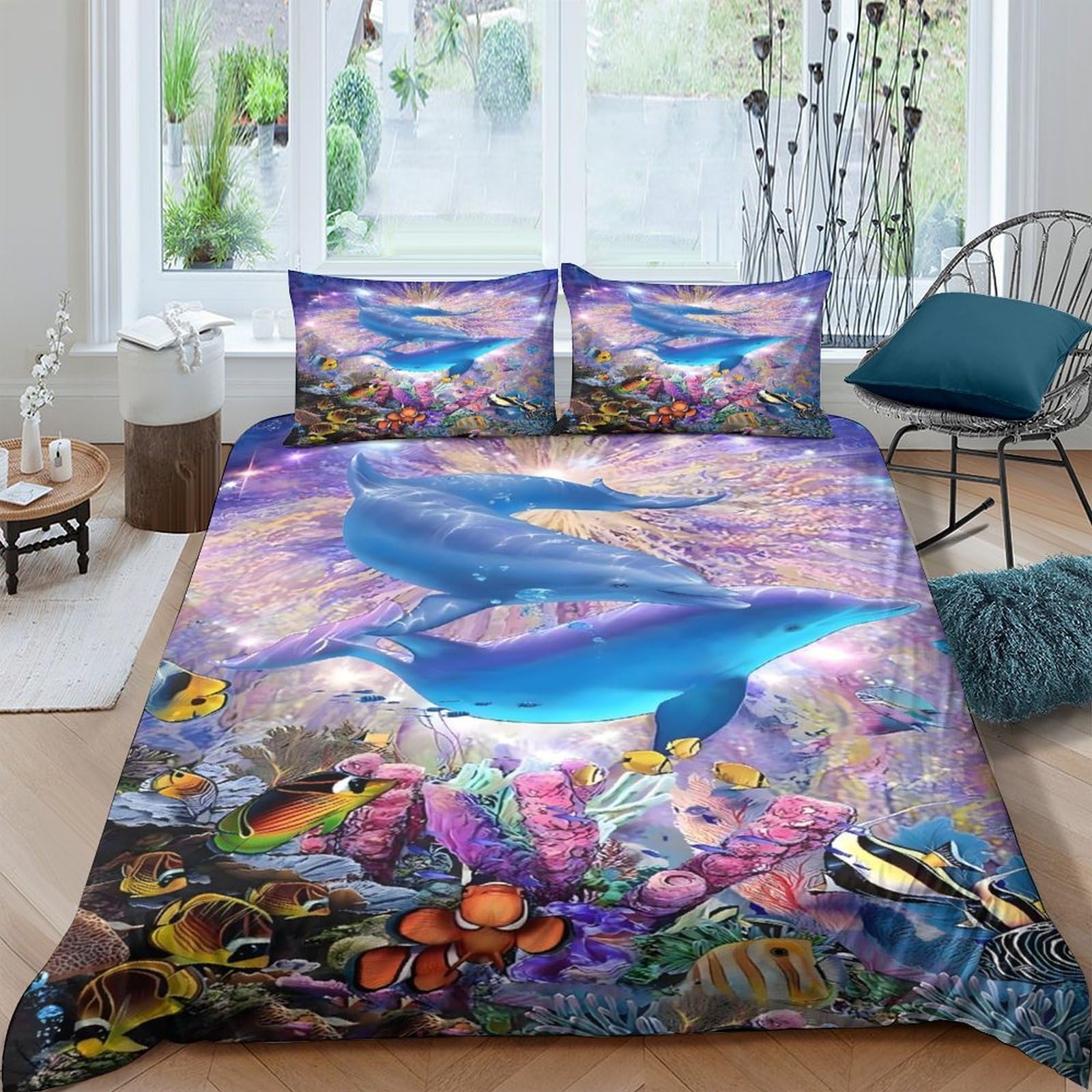 GPLZQXKJNH 3D Printed Ocean Whale Duvet Cover Microfiber Soft Breathable Coral Reef Bedding Set with 2 Pillowcases for Bedroom Single（135x200cm）