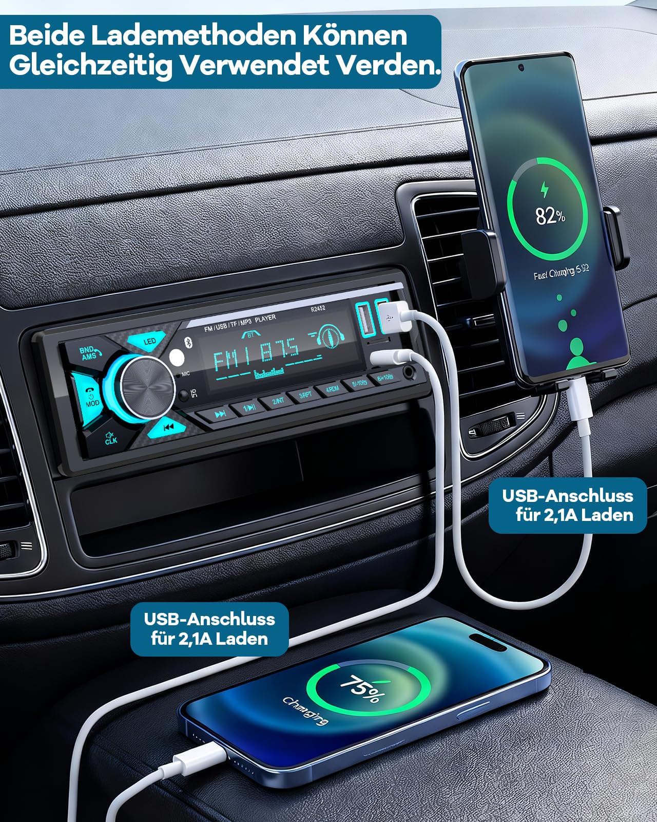 CENXINY Autoradio 1 DIN Bluetooth mit Type-C Ladeanschluss AM/FM Radio 2USB AUX SD TF Android iOS